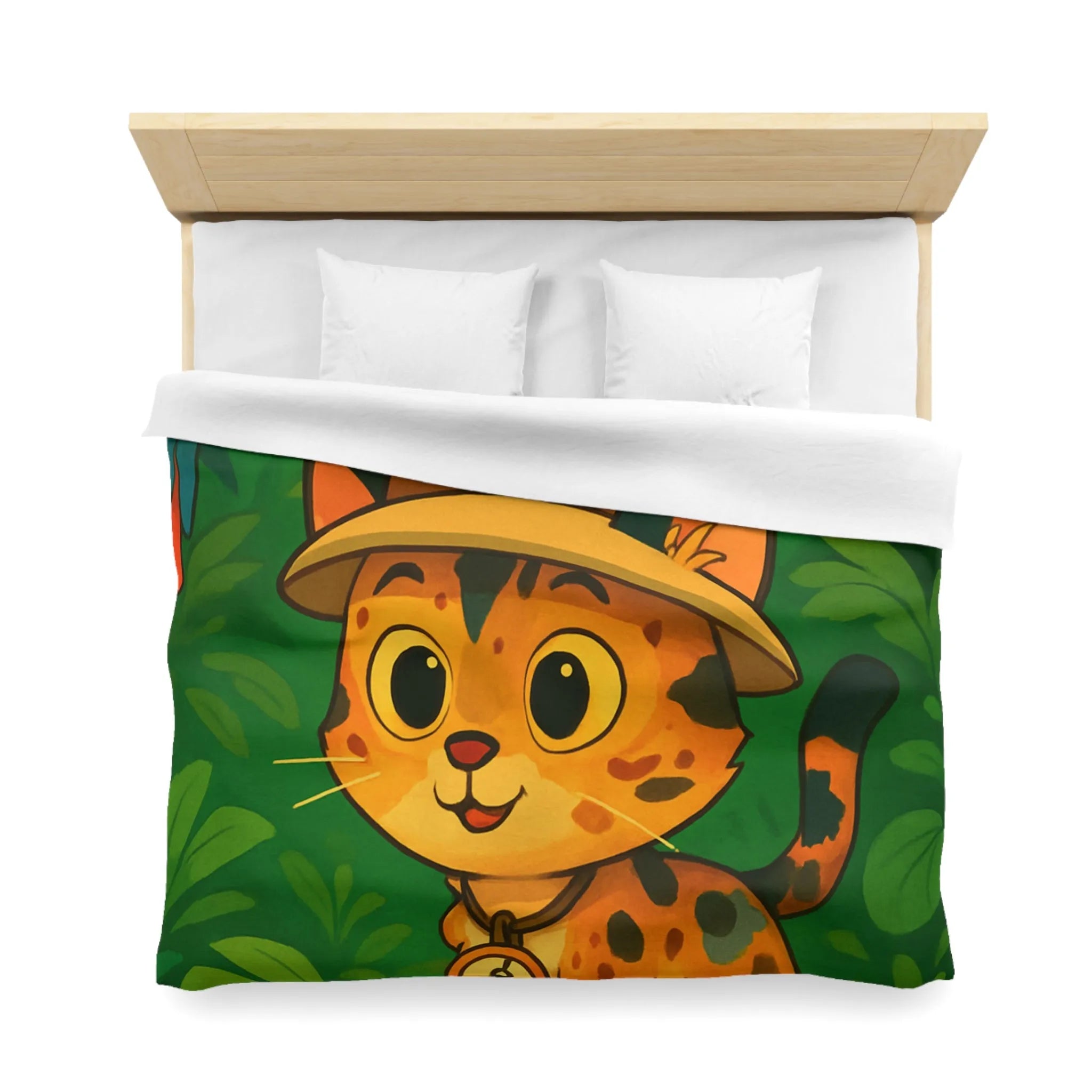 Housse de couette avec chat explorateur, jungle colorée, perroquet et singe joyeux