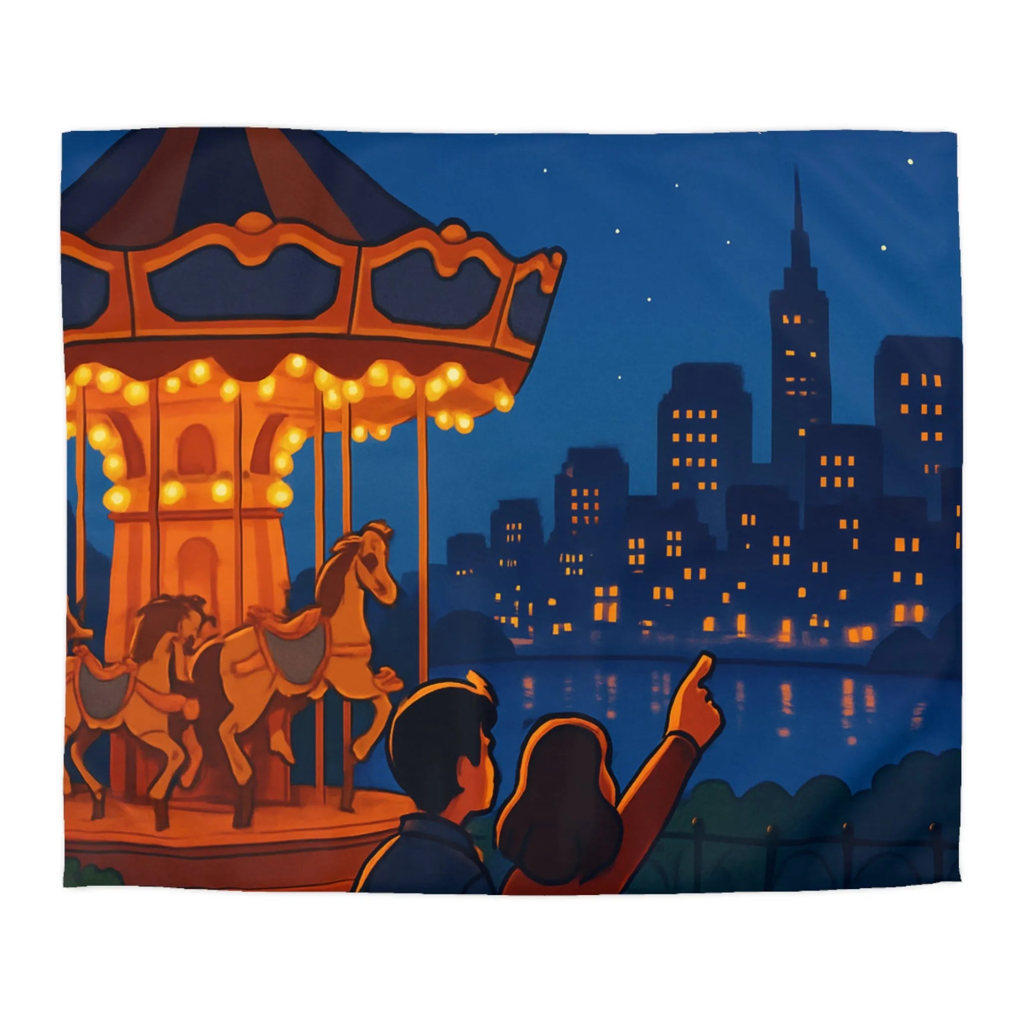 Housse de couette céleste avec carrousel lumineux et paysage urbain étoilé