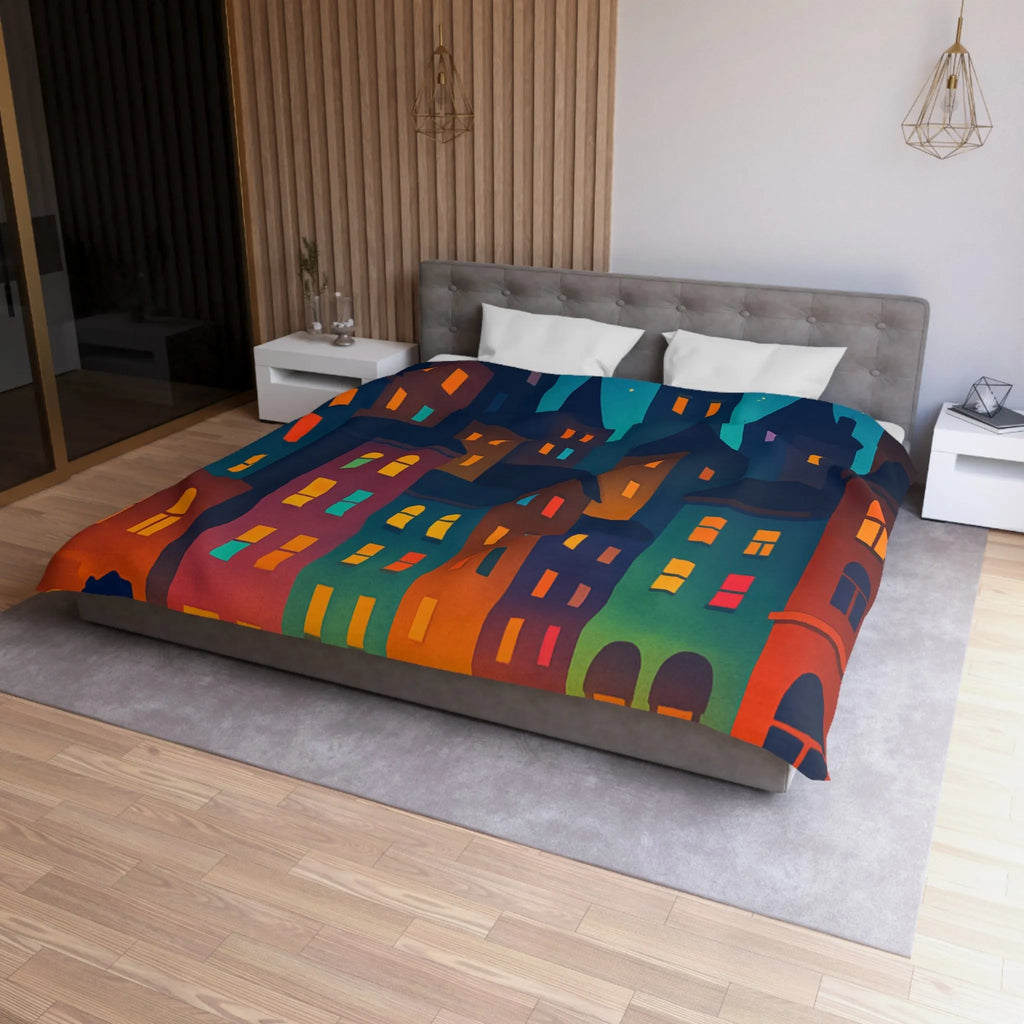 Housse de couette ambiance urbaine douce avec personnages et immeubles nocturnes stylisés