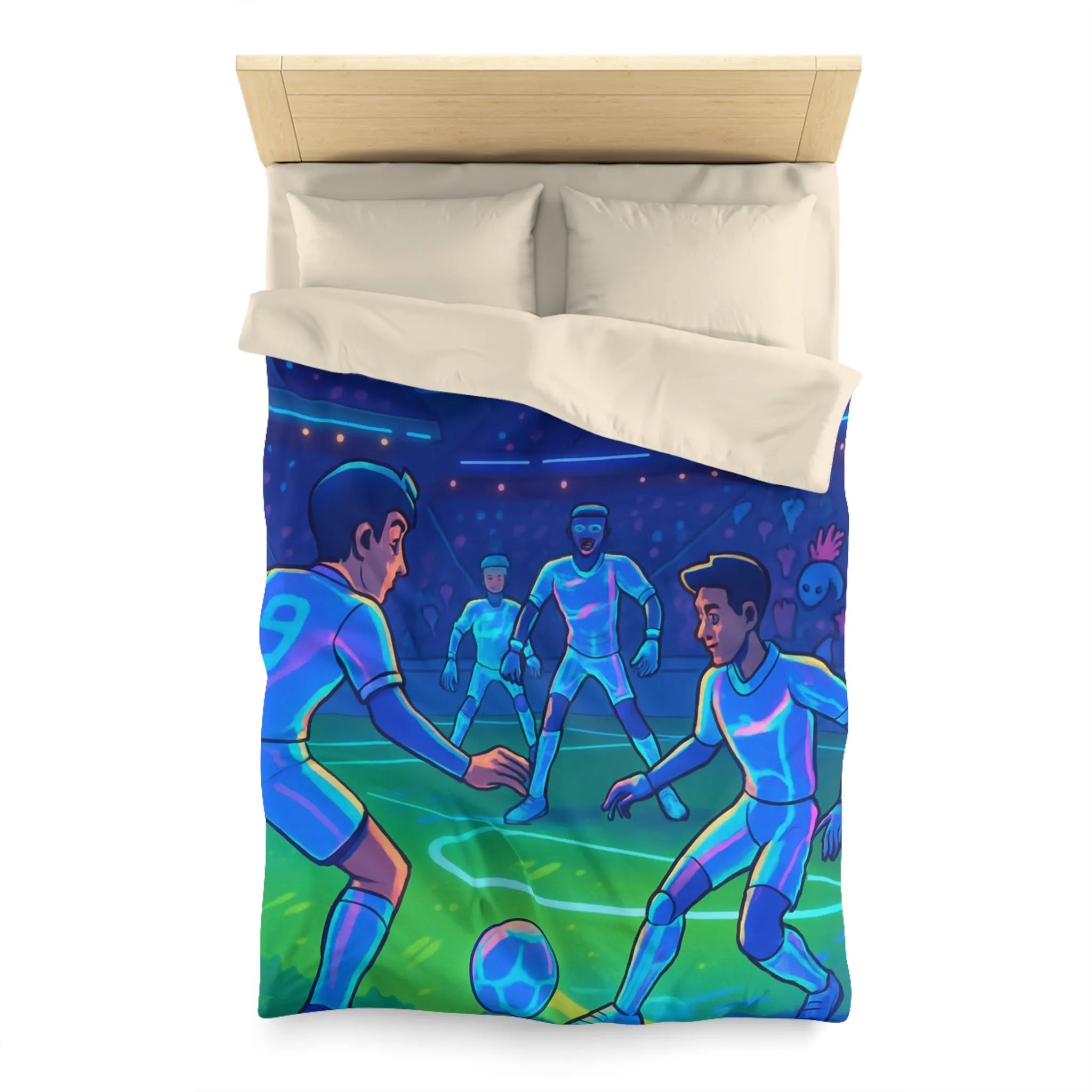 Housse de Couette de Football Futuriste avec Joueurs et Public dans un Stade Éclairé