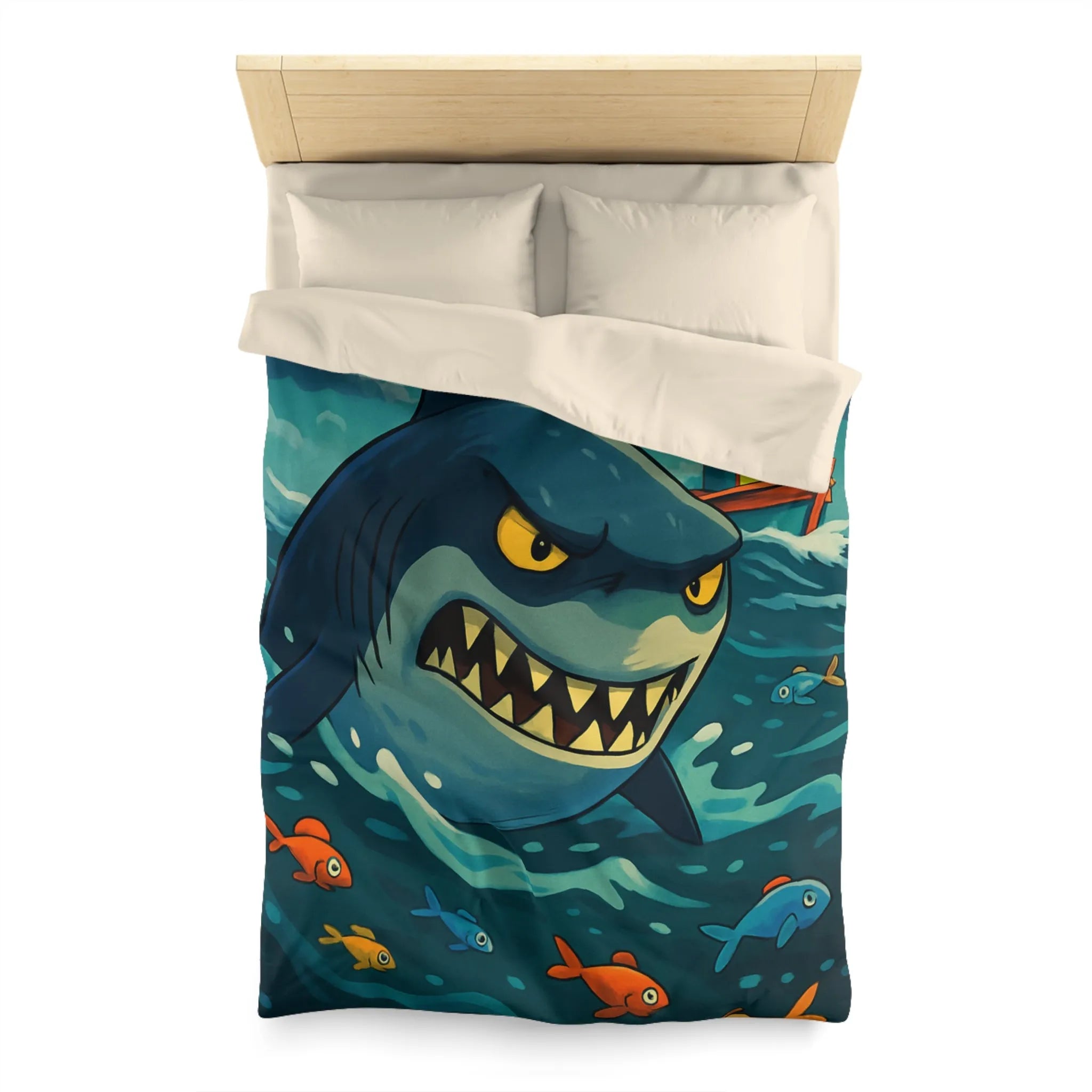 Housse de couette avec requin cartoon effrayant et poissons colorés en mer orageuse