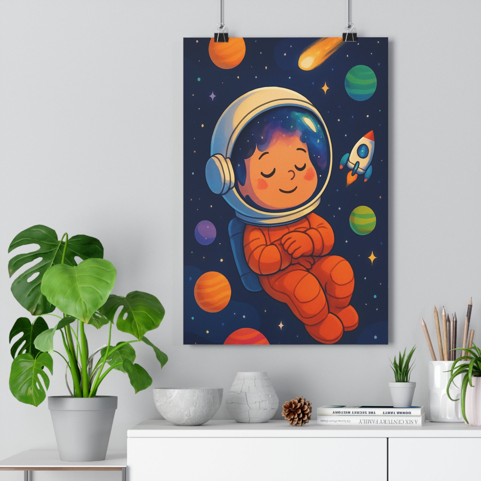 Poster décoratif enfant astronaute cartoon coloré magique étoilé rêveur chambre aventure planètes fusée qualité