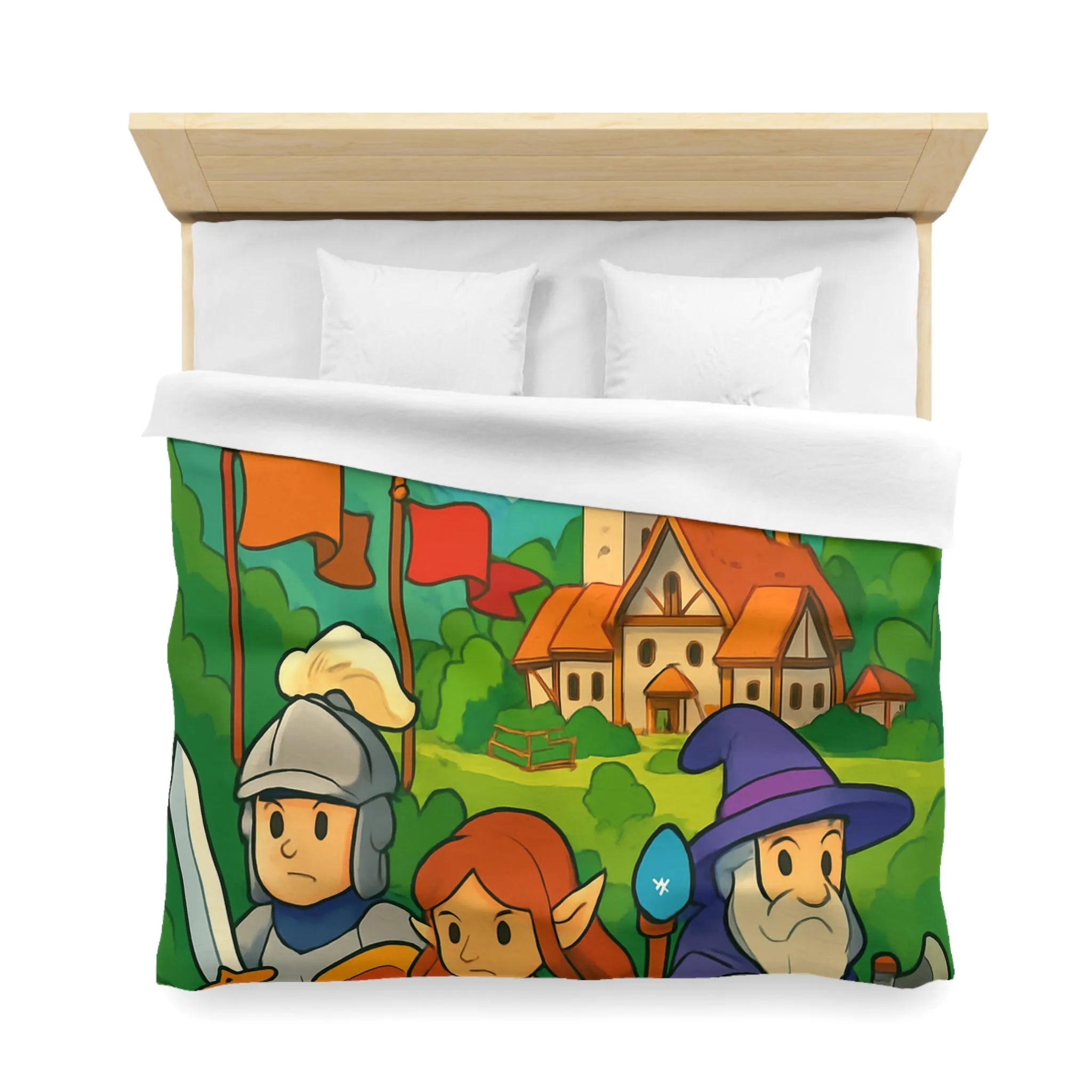Housse de couette aventure médiévale avec dragons, chevalier, elfe, sorcier et troll