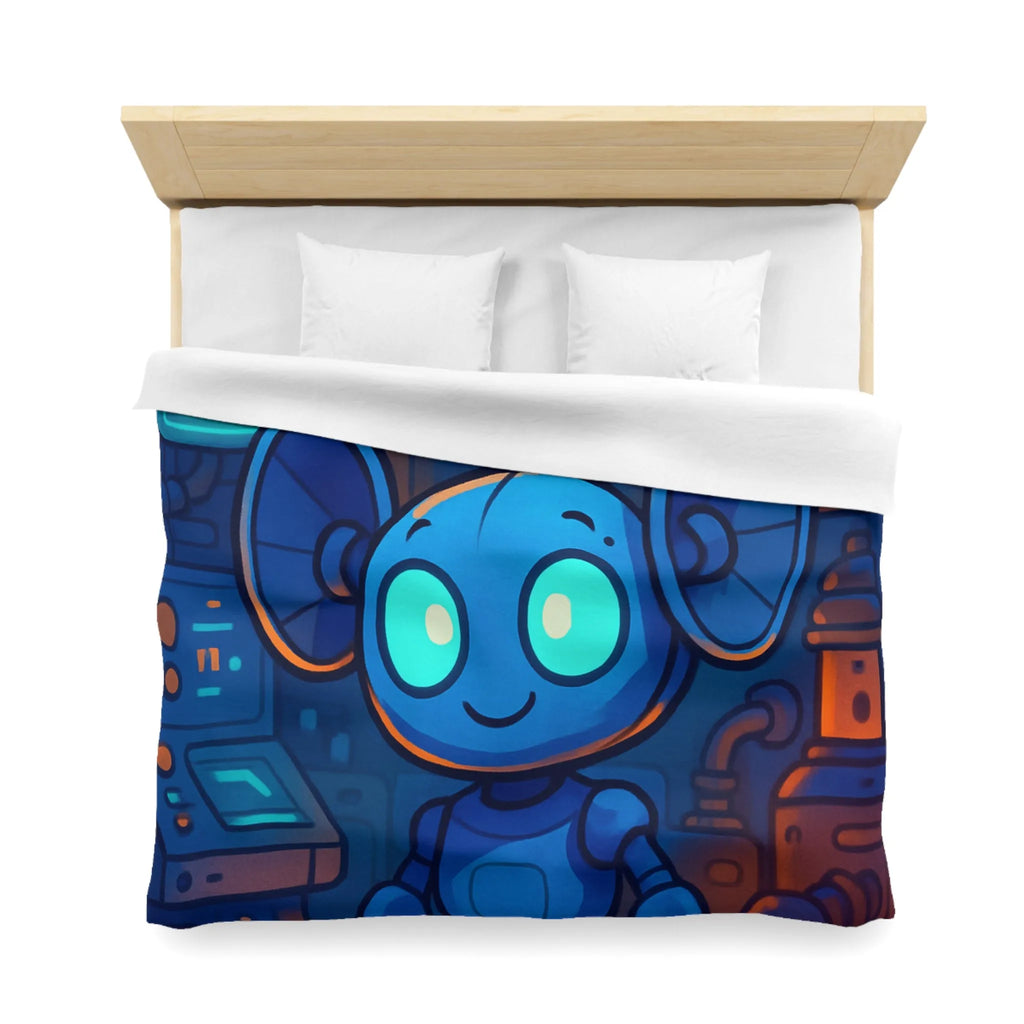 Housse de couette enfant motif robot mignon bleu dans laboratoire futuriste nuit