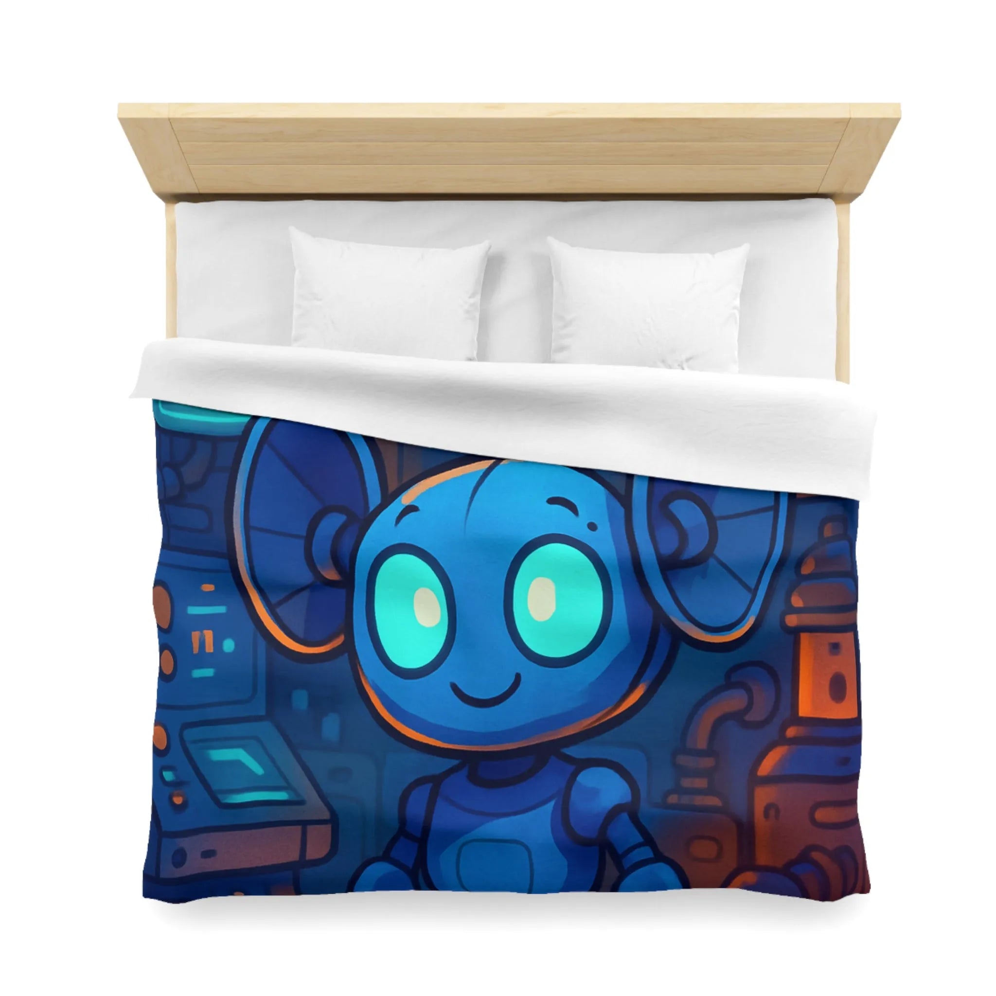 Housse de couette enfant motif robot mignon bleu dans laboratoire futuriste nuit