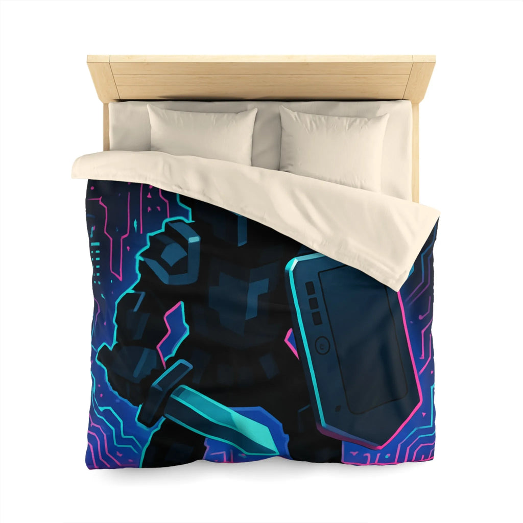 Housse de Couette avec Guerrier Pixel Art et Éléments Numériques Lumineux Nocturnes