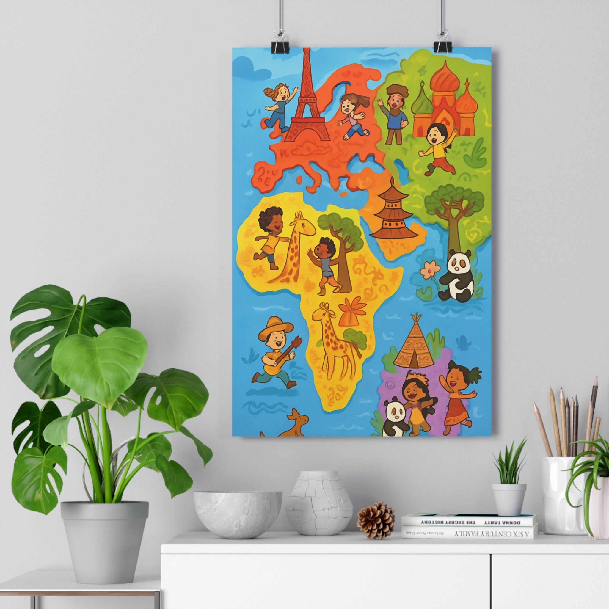 Poster décoratif carte dessin animé bleu rouge jaune vert chambre enfant joyeux 30x46 animaux