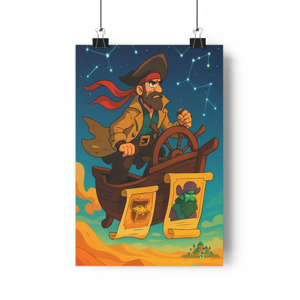 Poster décoratif aventure dessin animé pirate désert bateau volant ciel étoilé bleu orange jaune