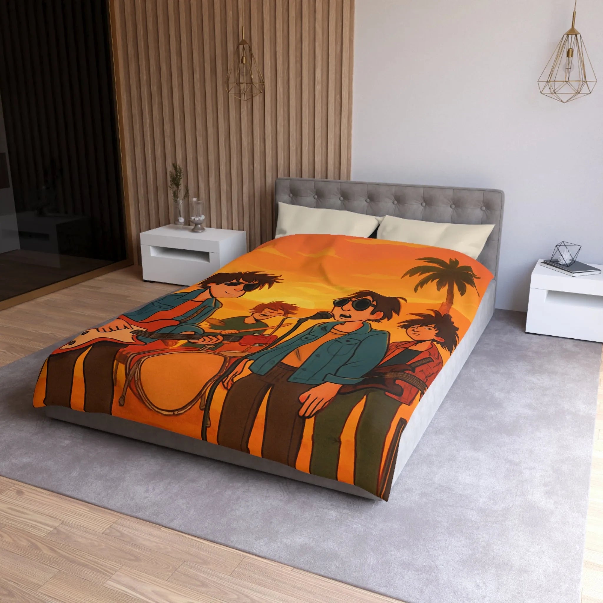 Housse de couette ensoleillée avec musiciens, ambiance rétro pour chambres modernes et vintage