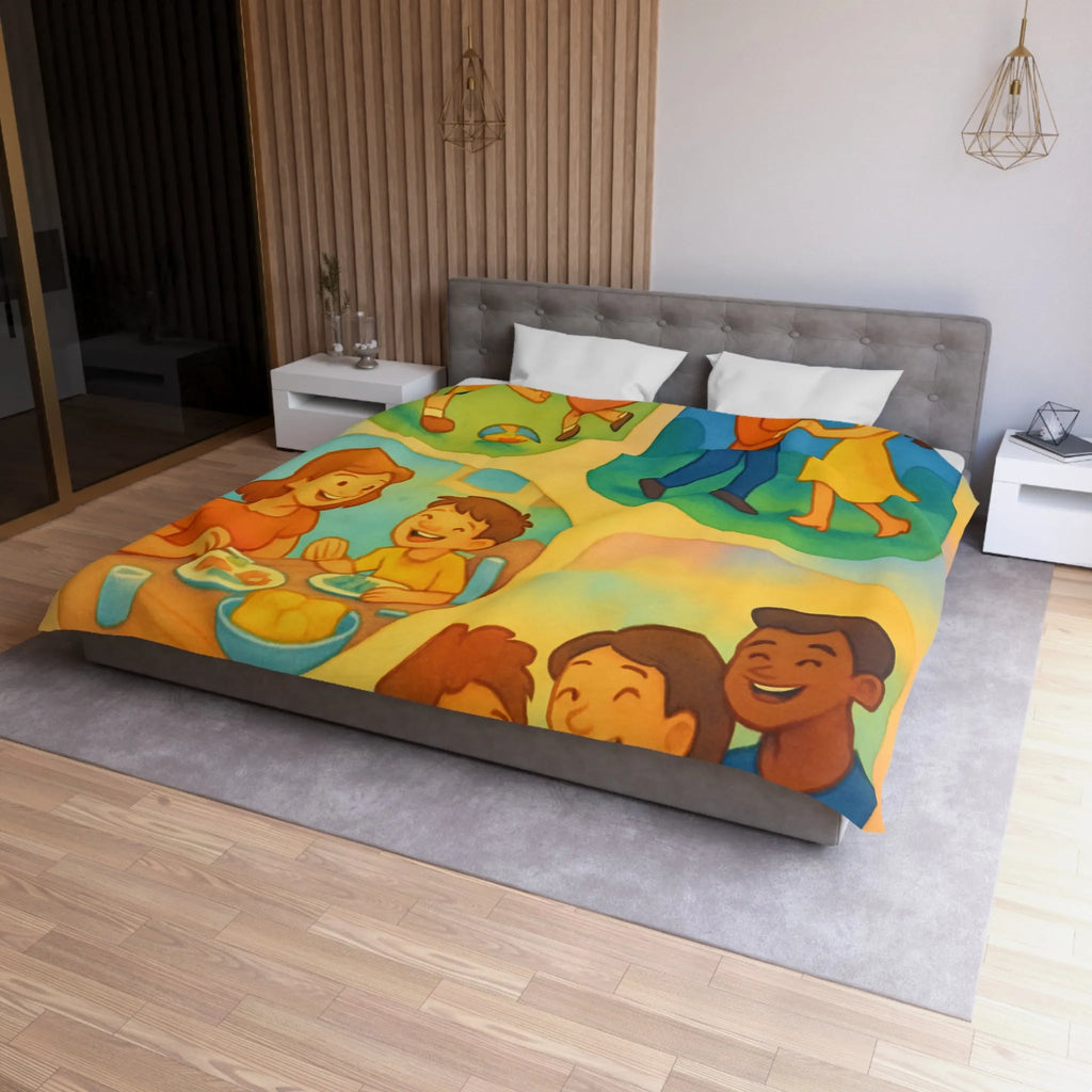 Housse de couette colorée illustrant des scènes joyeuses de la vie quotidienne familiale
