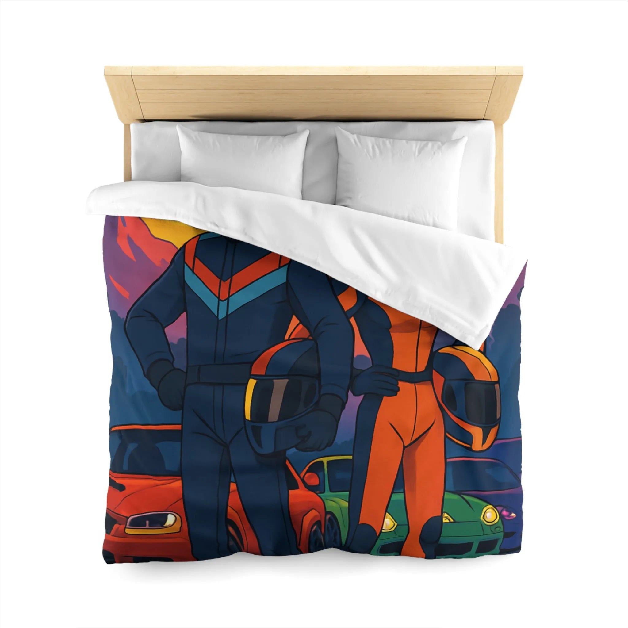 Housse de couette avec pilotes de course et voitures devant coucher de soleil animé