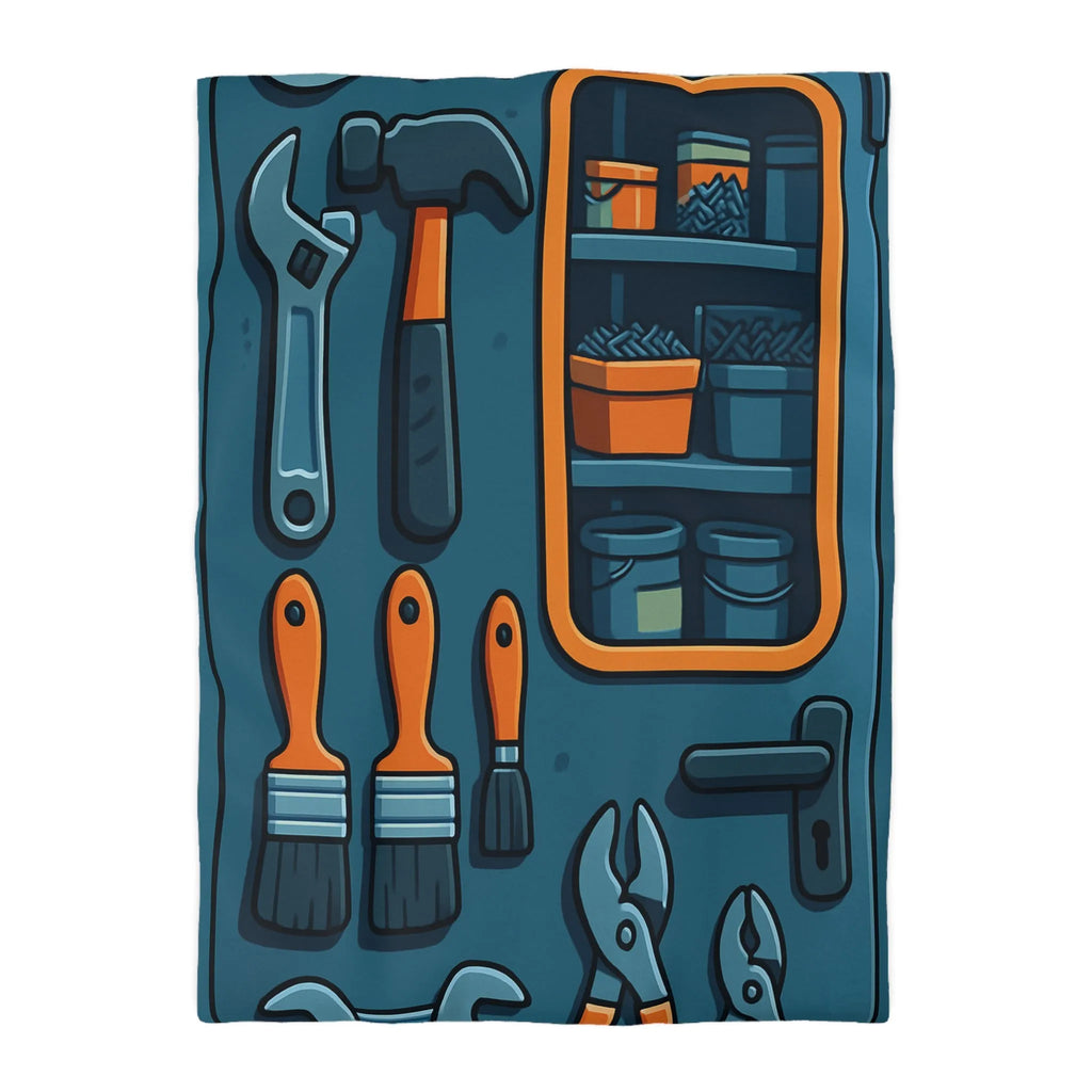 Housse de couette bleue avec outils et étagères pour atelier créatif moderne