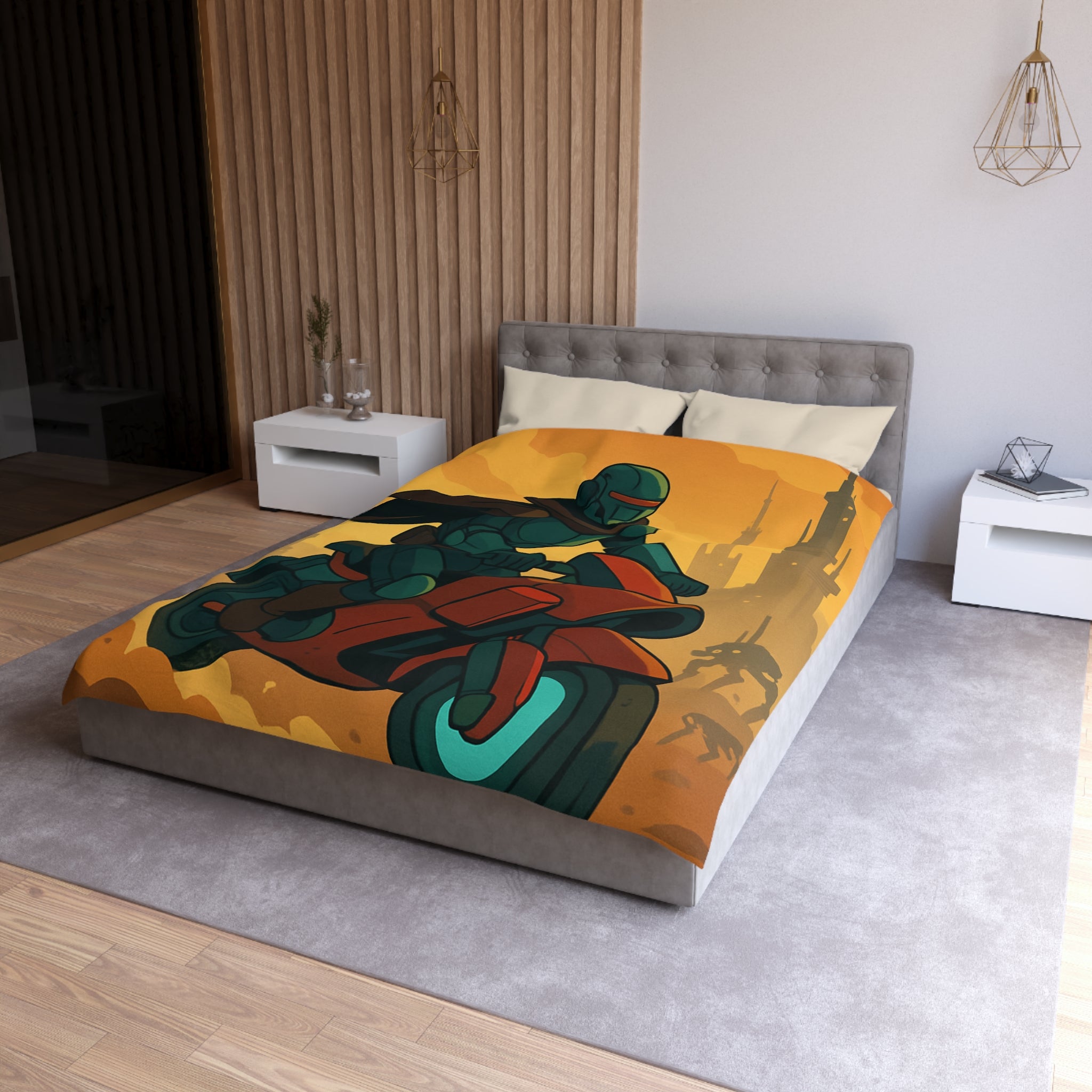 Housse de couette moto futuriste avec pilote en armure et paysage urbain orange