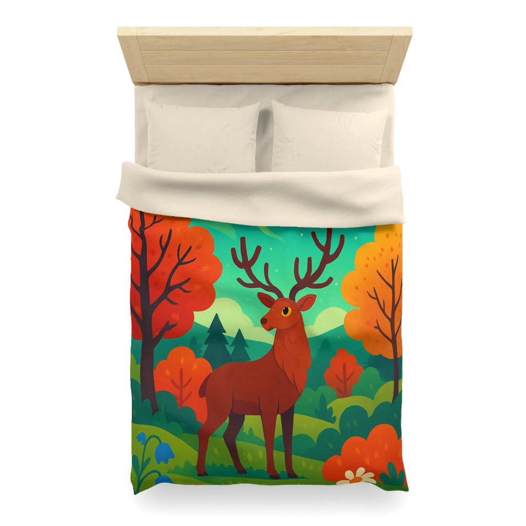 Housse de Couette Illustrée : Cerf Enchanté et Aurore Boréale dans Forêt Féérique