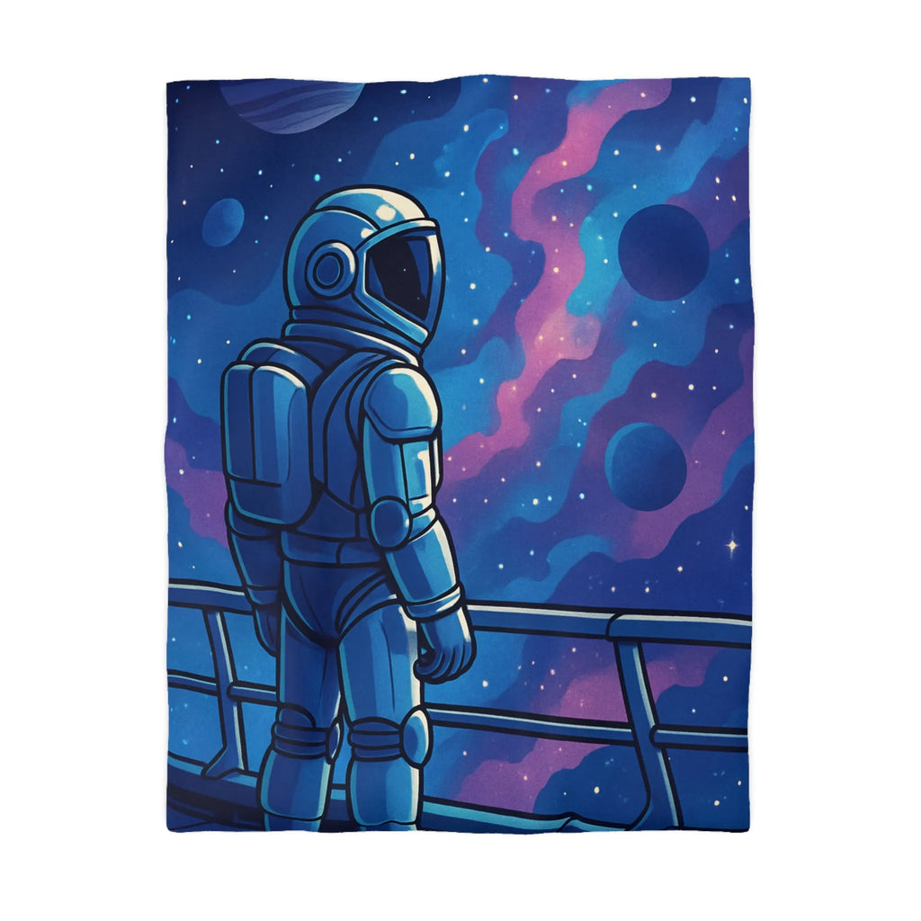 Housse de couette design astronaute contemplant galaxies et planètes dans l'espace infini