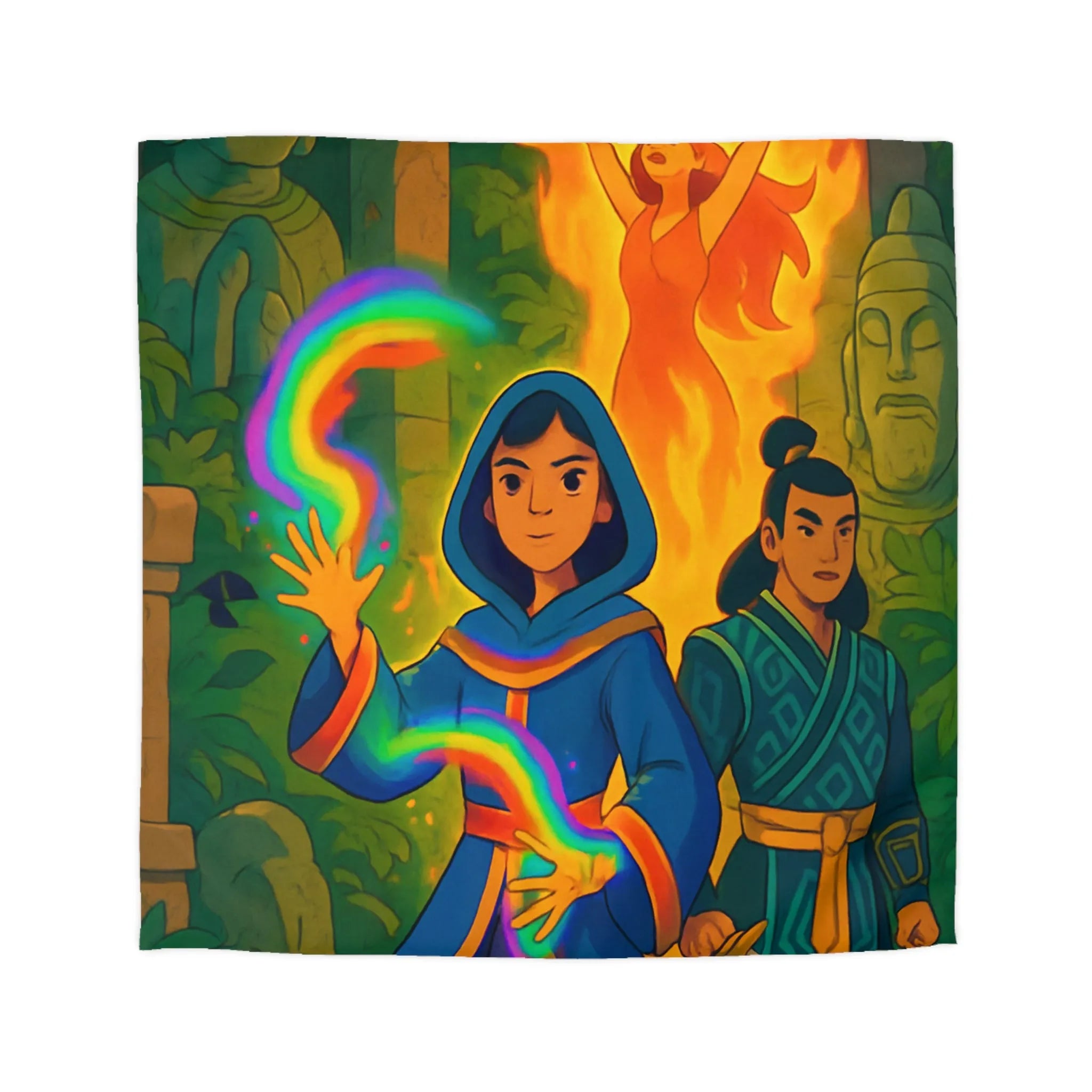 Housse de couette magique colorée : aventure mystique avec personnages énigmatiques et feu flamboyant