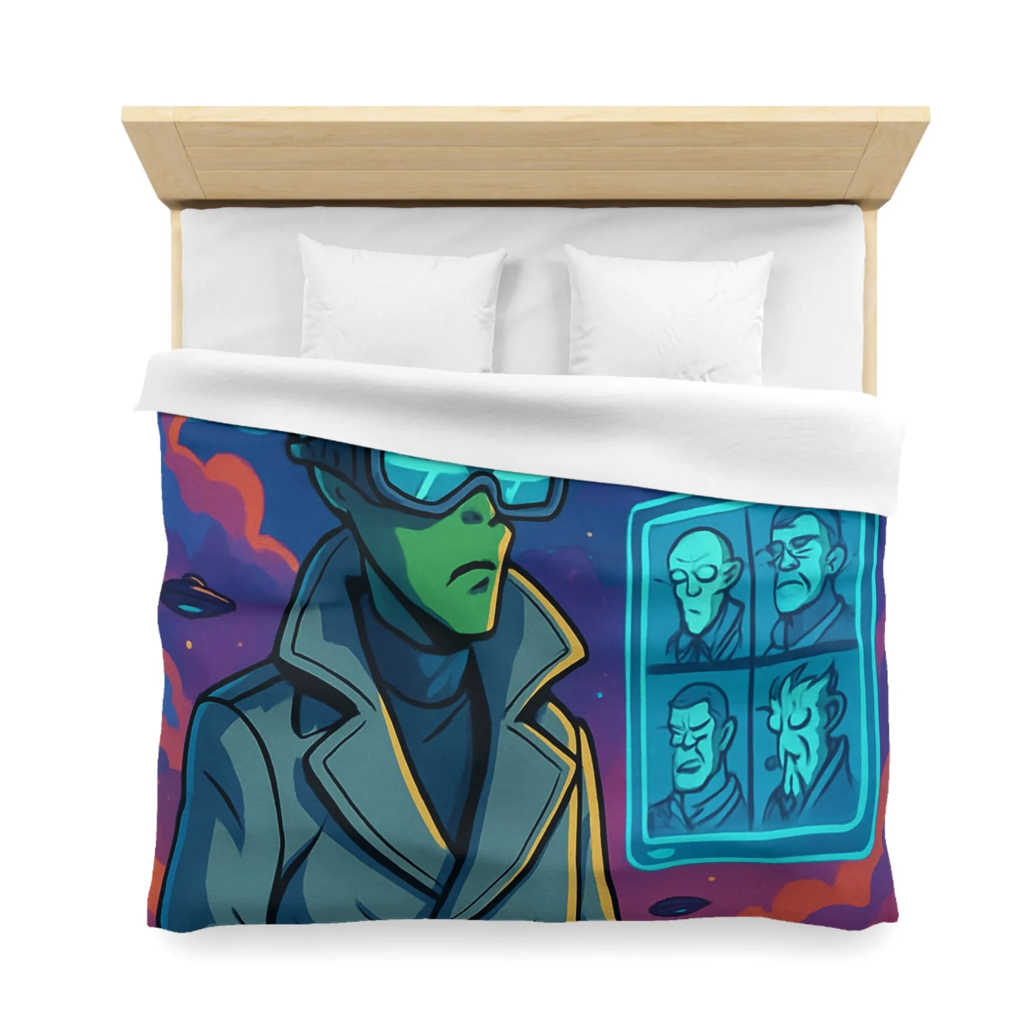 Housse de Couette Futuriste avec Alien et OVNIs, Style Bande Dessinée Colorée Science-Fiction