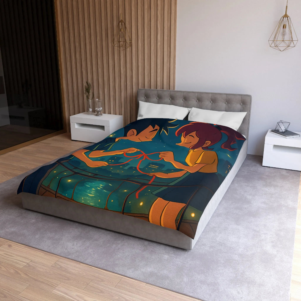 Housse de couette animée couple amoureux sur pont au-dessus d'une ville étoilée