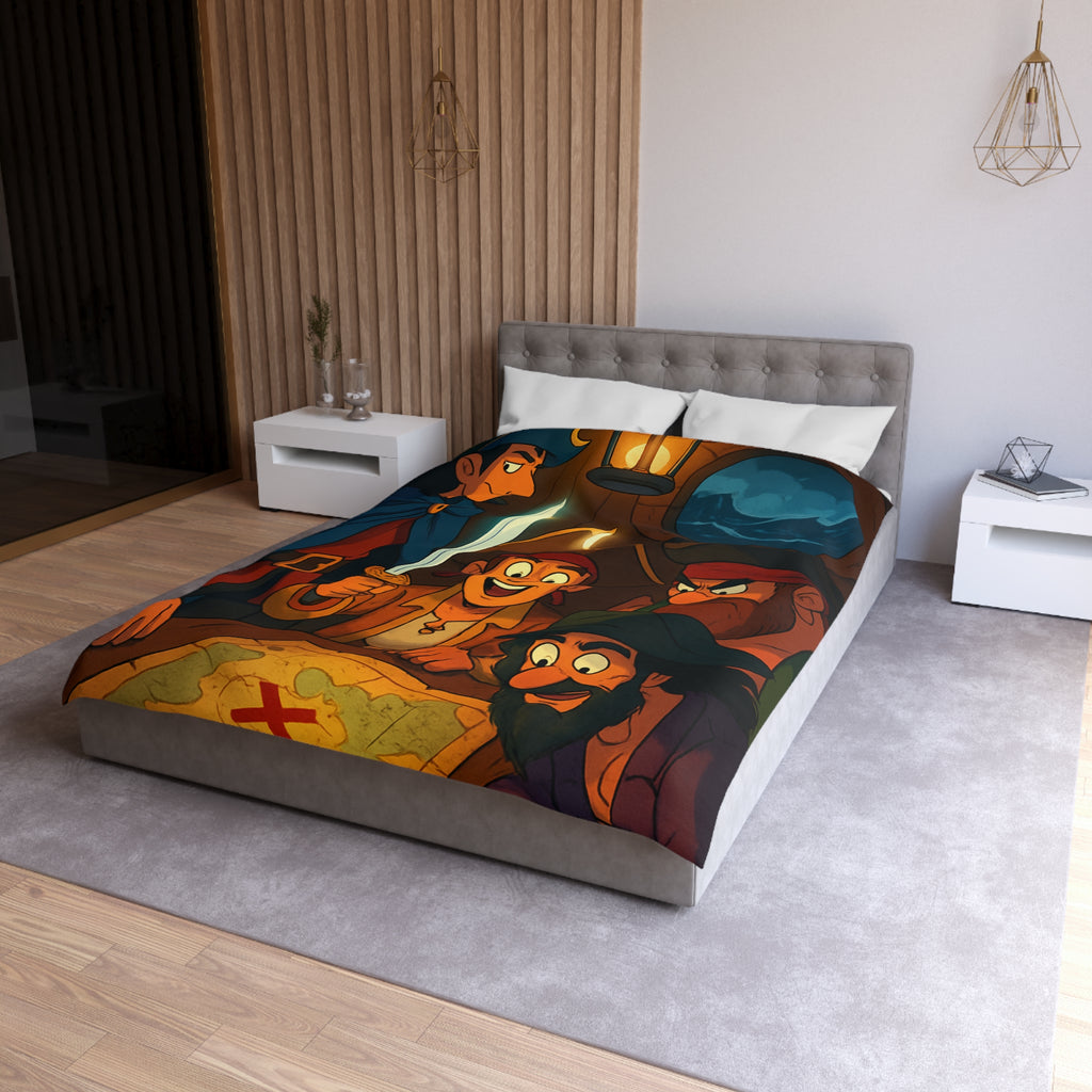 Housse de Couette Pirate Cartoon avec Carte Trésor et Équipage Sous Lampe