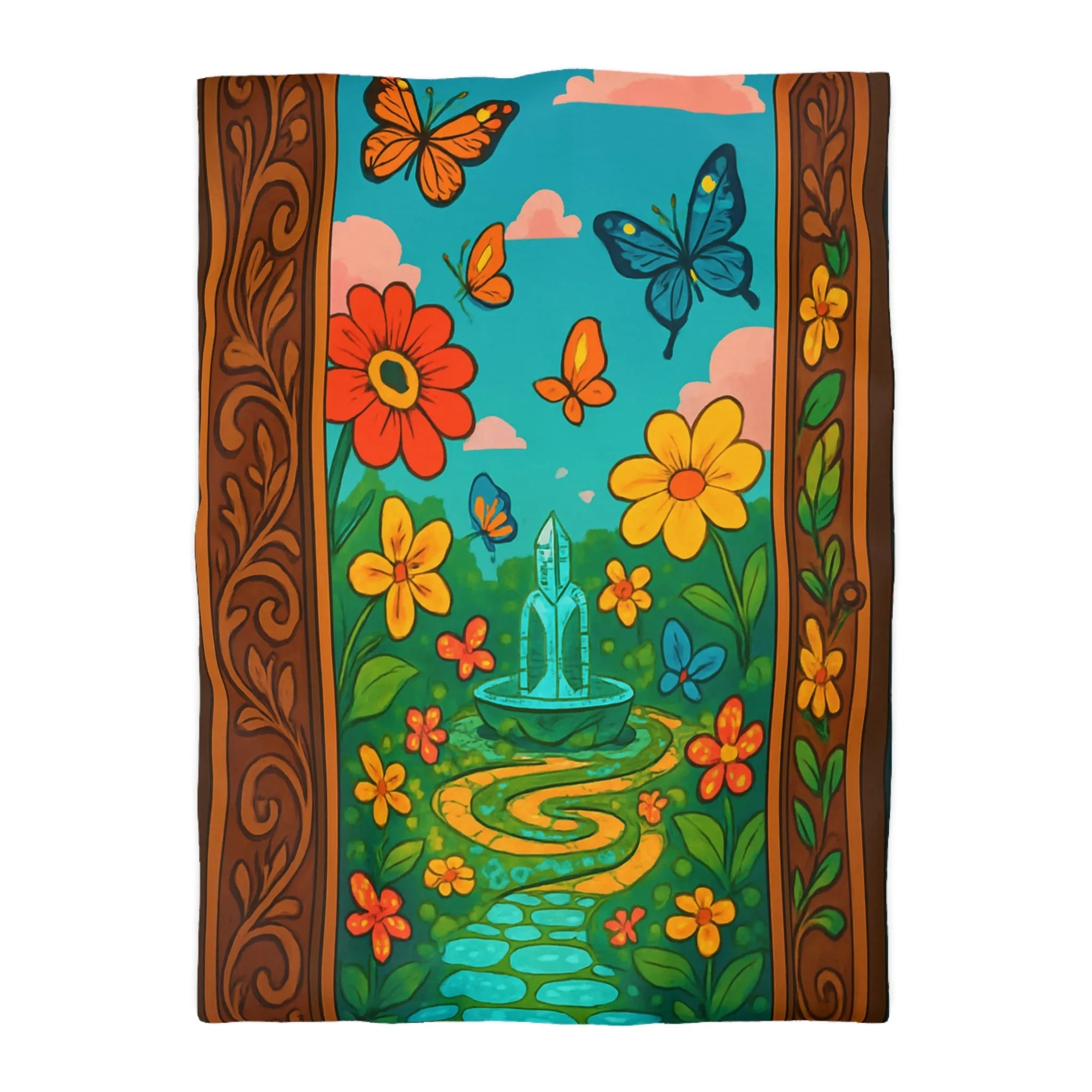 Housse de couette colorée avec papillons et fleurs dans un jardin enchanté vibrant