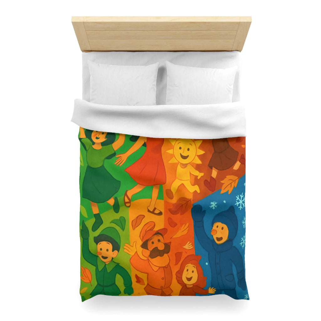 Housse de couette colorée illustrant les quatre saisons avec personnages joyeux et motifs vibrants