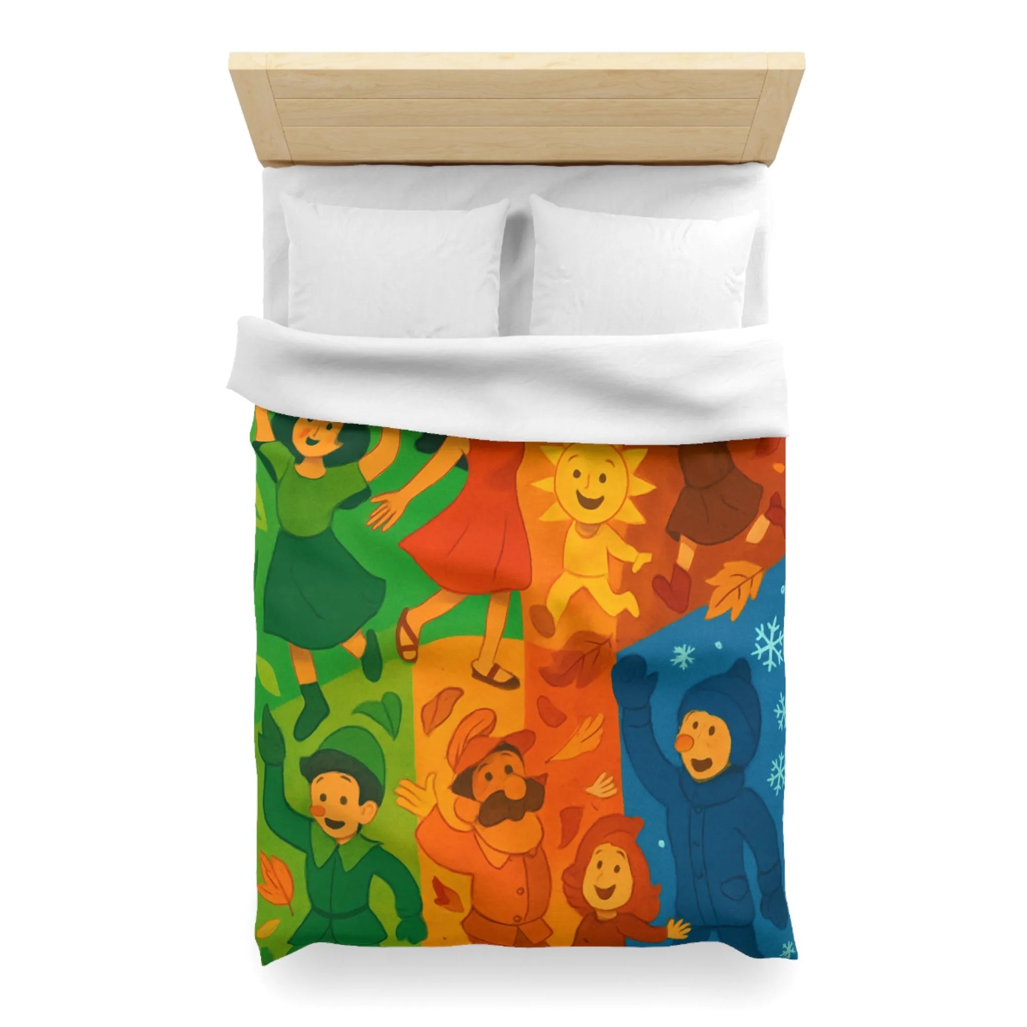 Housse de couette colorée illustrant les quatre saisons avec personnages joyeux et motifs vibrants