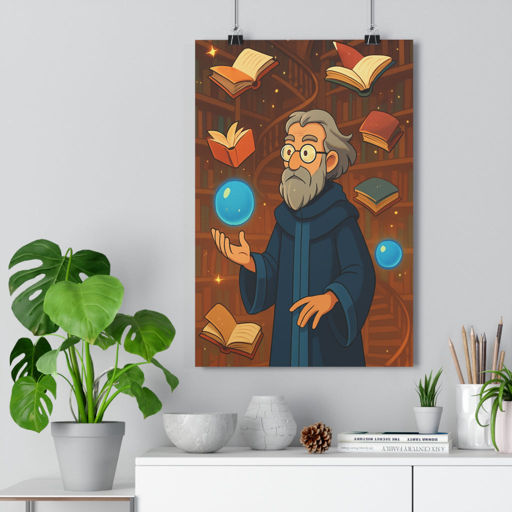 Poster décoratif bleu cartoon académique mystique bibliothèque magie chambre bureau orbes lumineuses ambiance fantastique