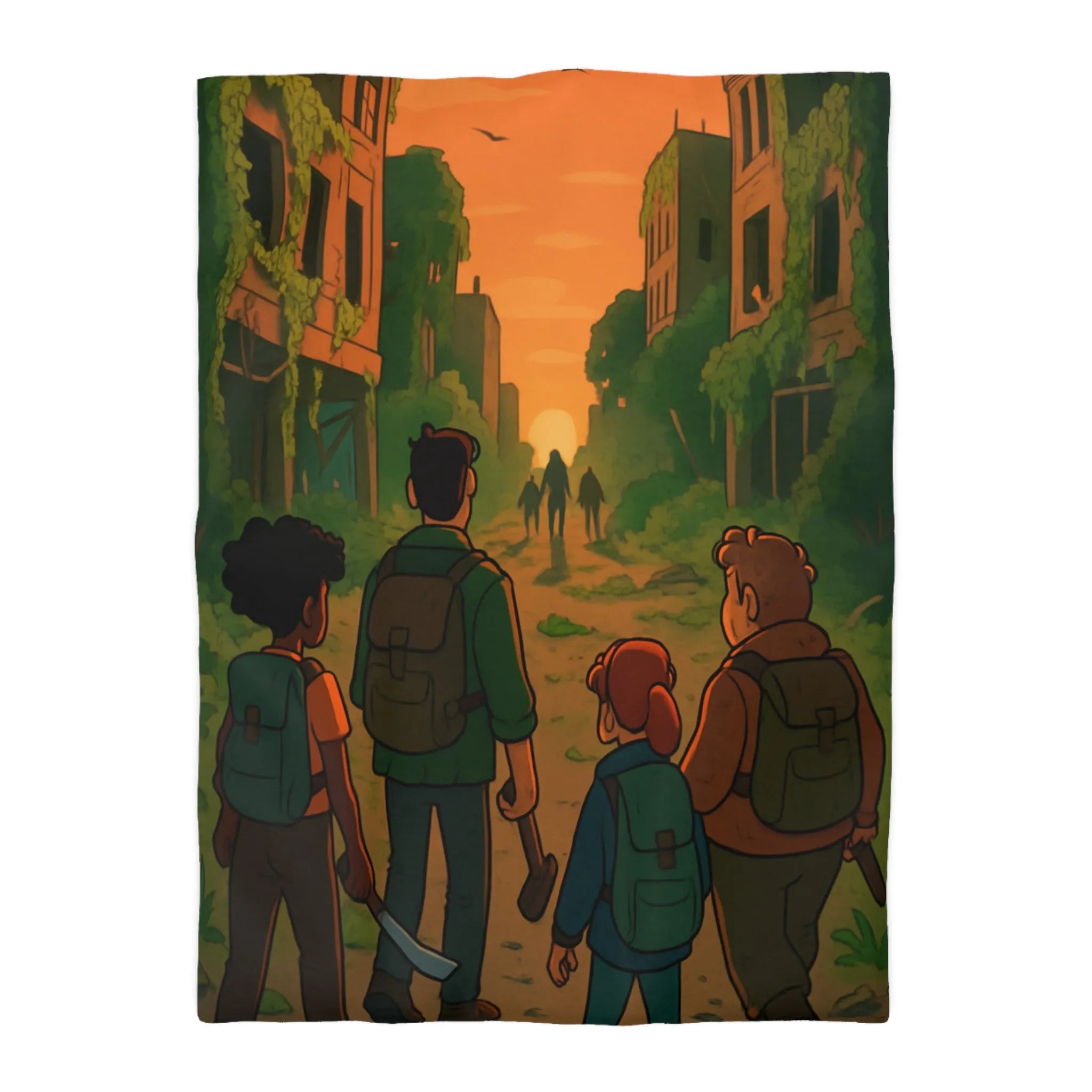 Housse de couette aventure urbaine animée, ambiance apocalyptique au coucher du soleil