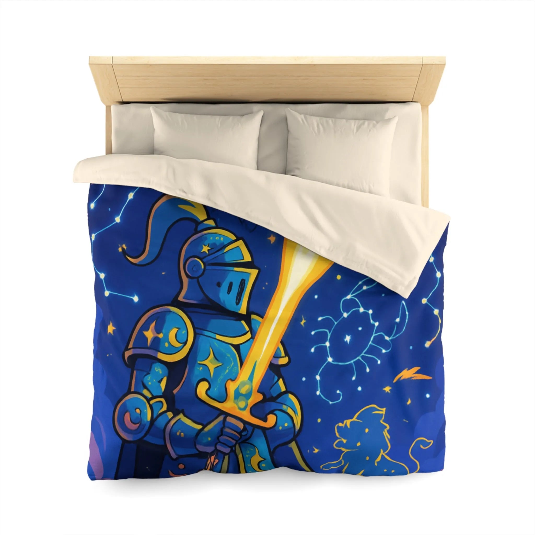 Housse de couette ludique pour chambre enfant avec chevalier et constellations étoilées magiques