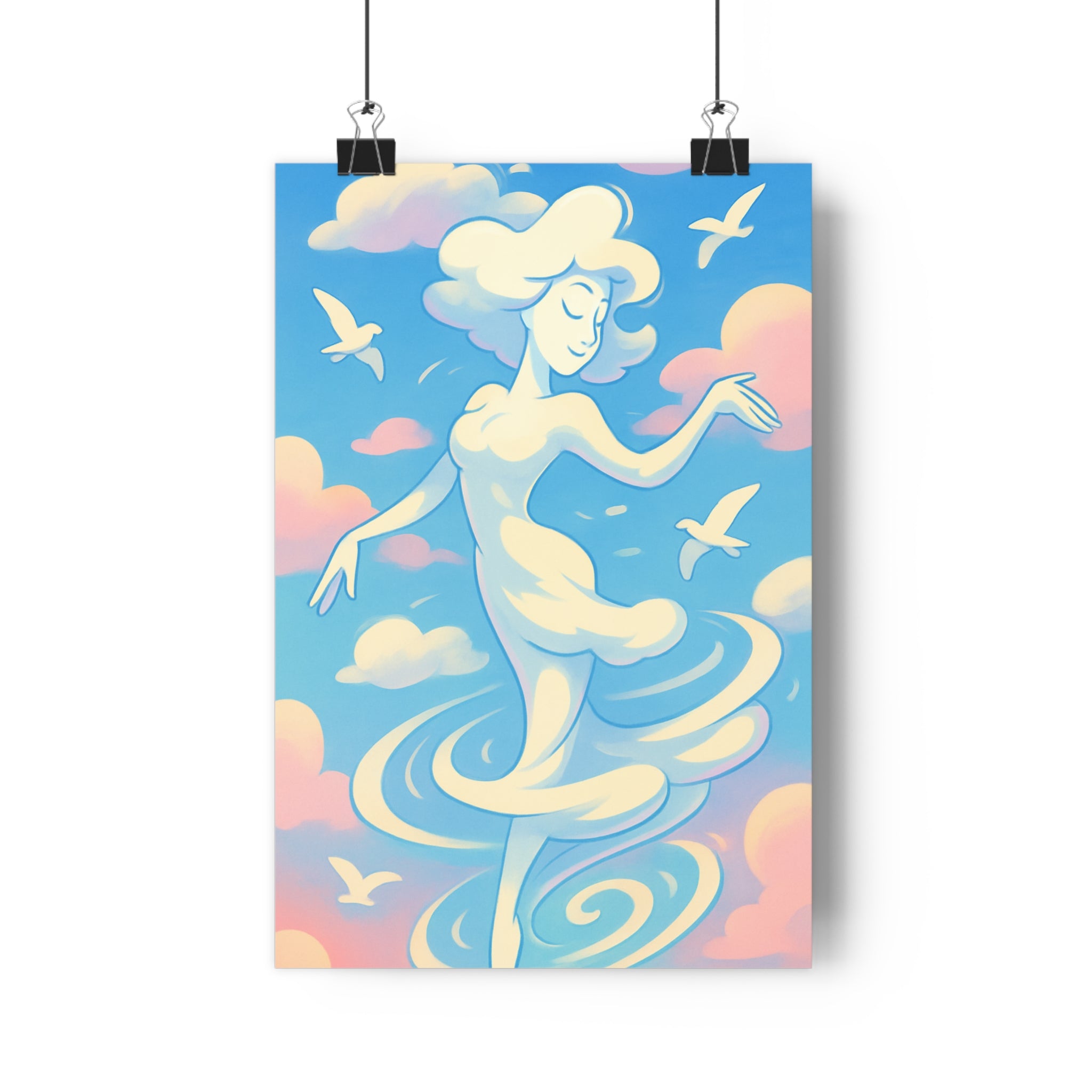 Poster décoratif illustration onirique femme danse pastel bleu rose ambiance rêve salon chambre qualité