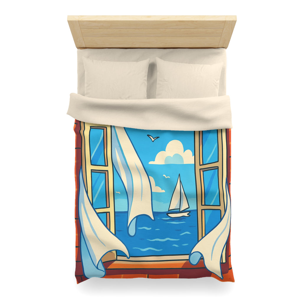 Housse de couette paysage marin fenêtre ouverte, voilier et ciel bleu serein