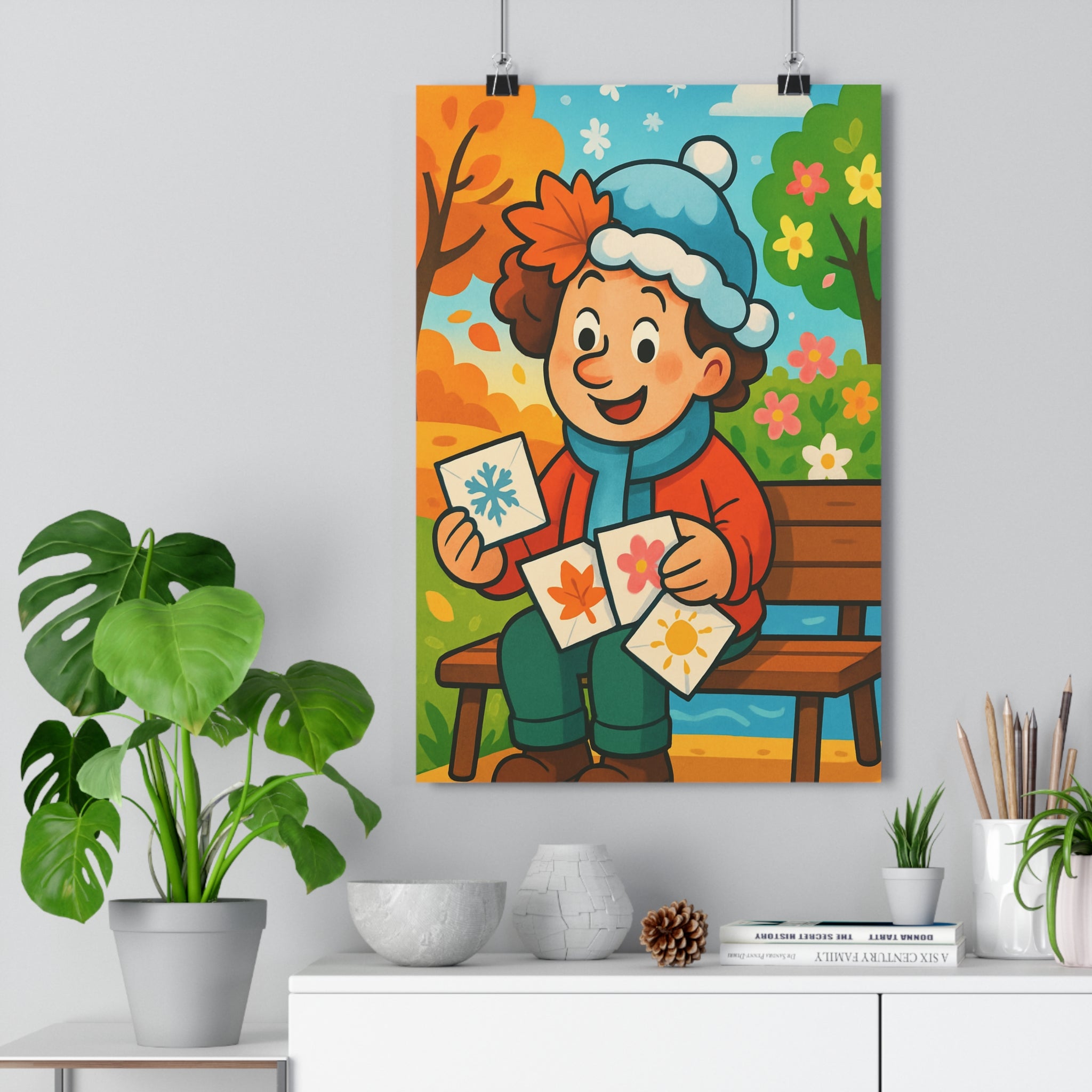 Poster décoratif animé vert orange joyeux enfant nature saisons banc cartes fleurs hiver qualité