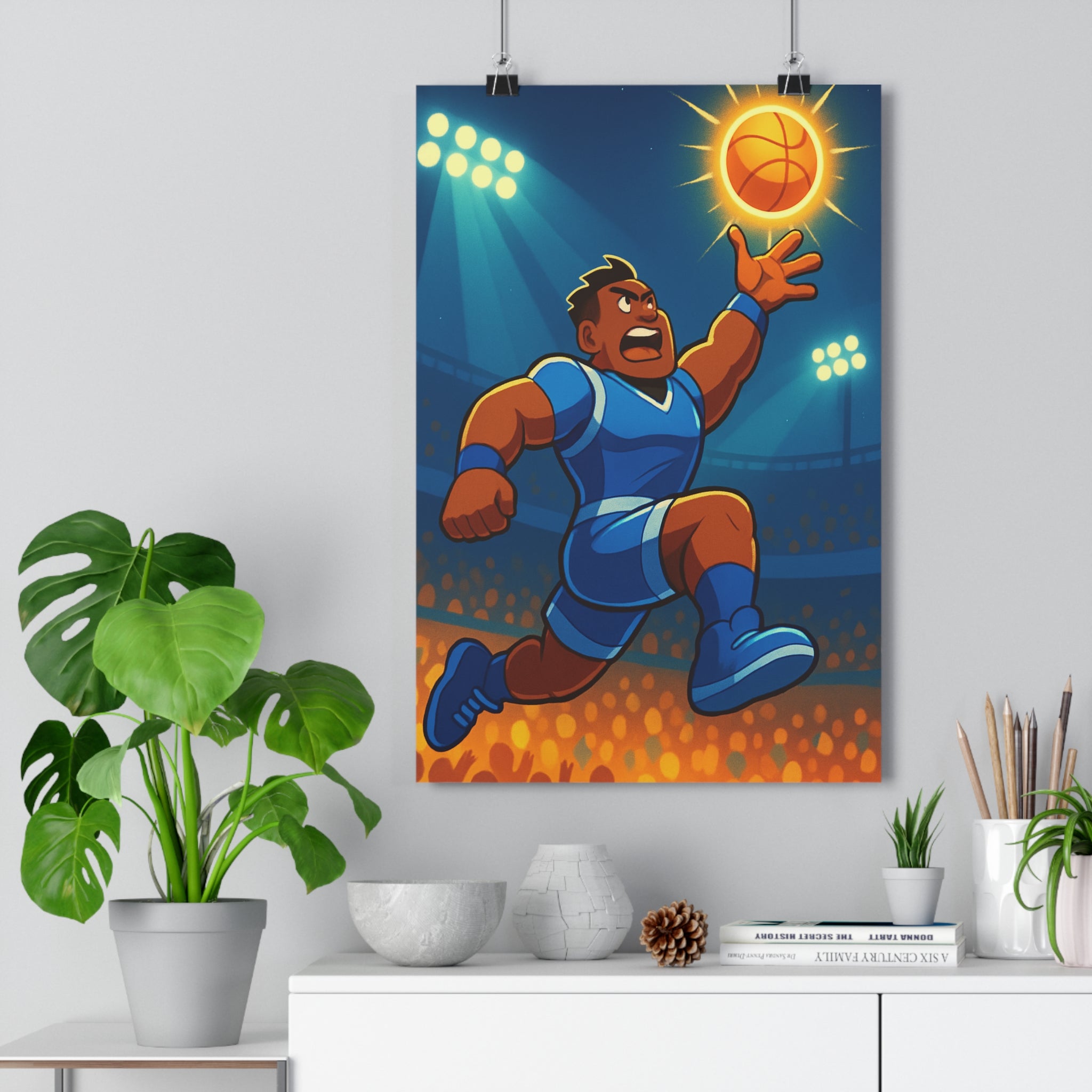 Poster décoratif cartoon basketball bleu orange dynamique sportif chambre moderne joueur aventure style lumineux