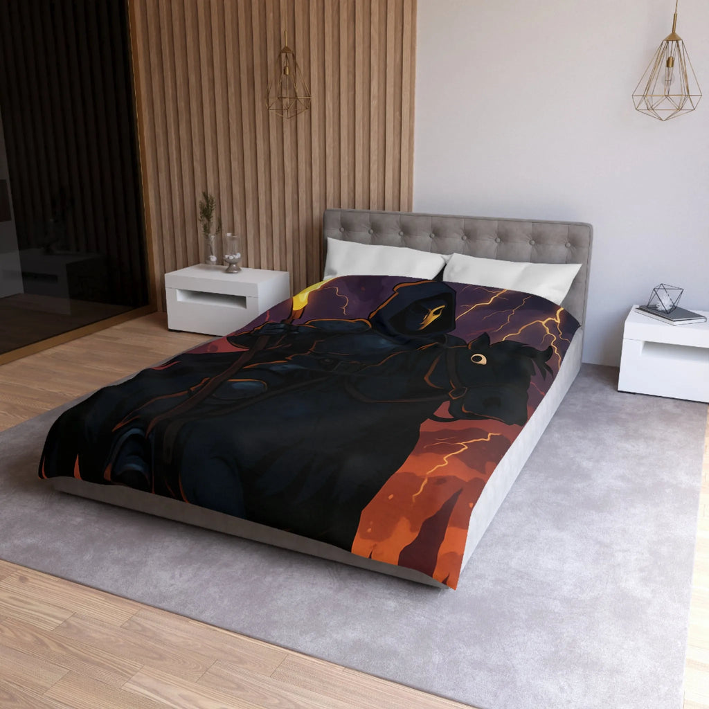 Housse de couette à motif intrigant avec faucheuse menaçante et cheval sombre en action