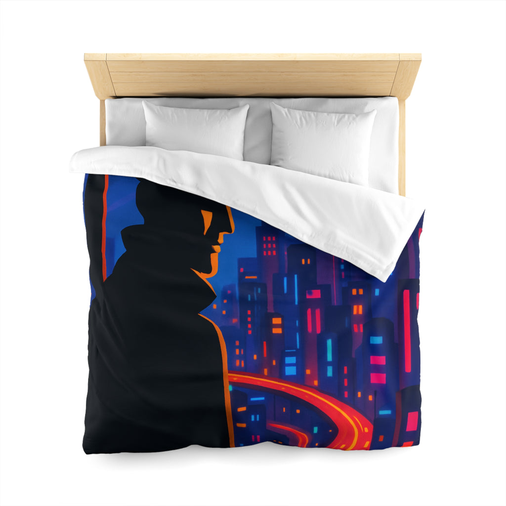 Housse de couette rétro mystérieuse avec silhouette urbaine nocturne et routes lumineuses