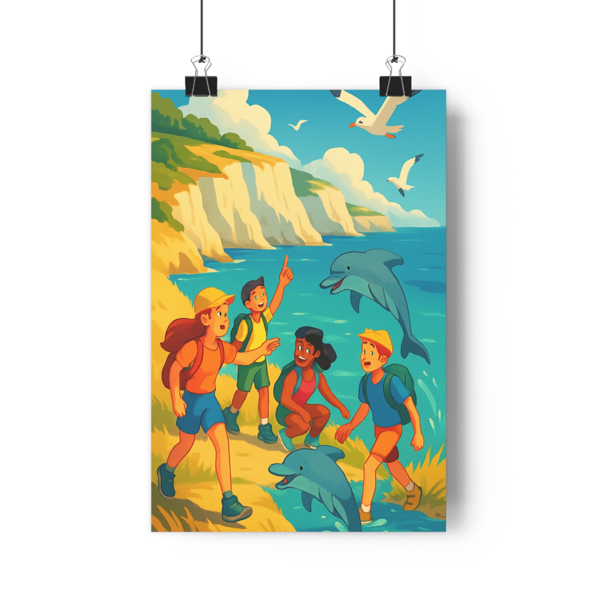 Poster décoratif lumineux aventure méditerranéenne enfants randonnée mer ciel bleu joyeux chambre bureau moderne