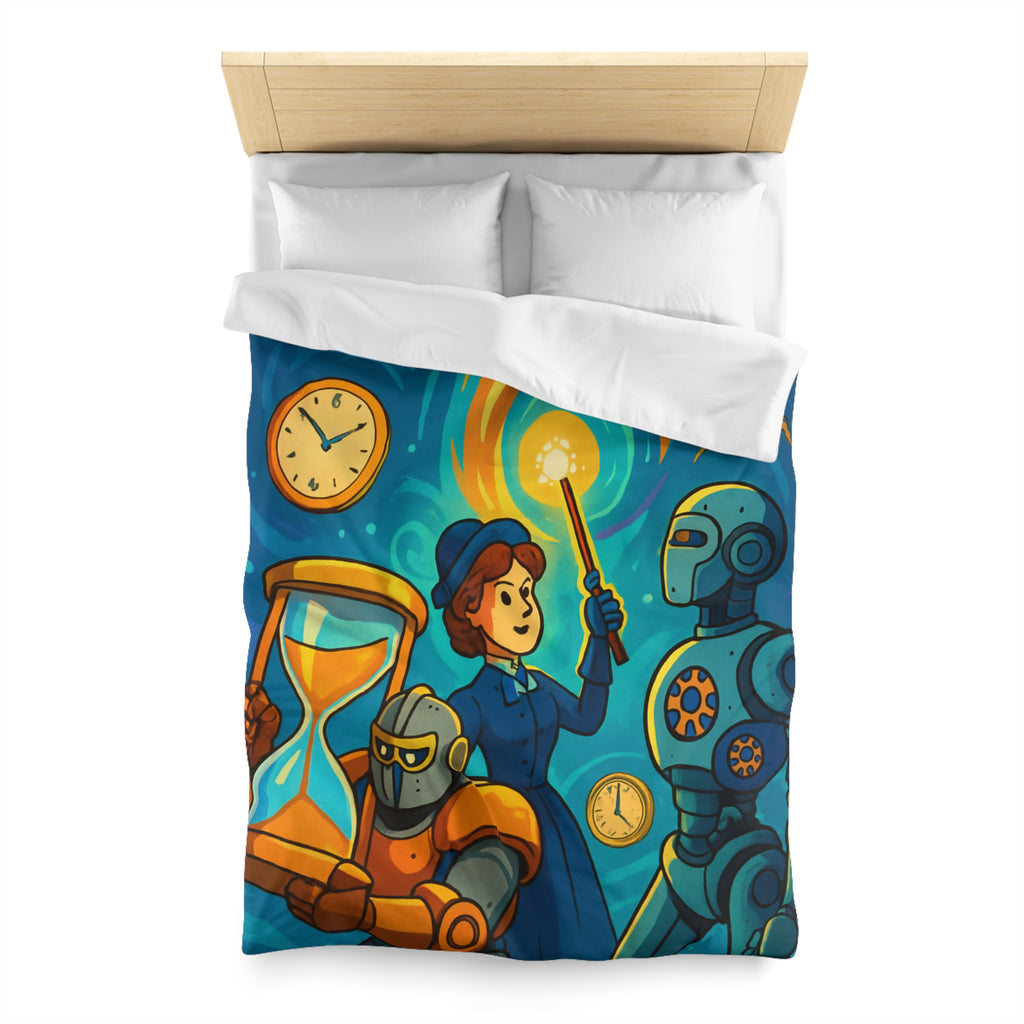 Housse de couette thème science fiction avec robots et horloges pour chambre moderne