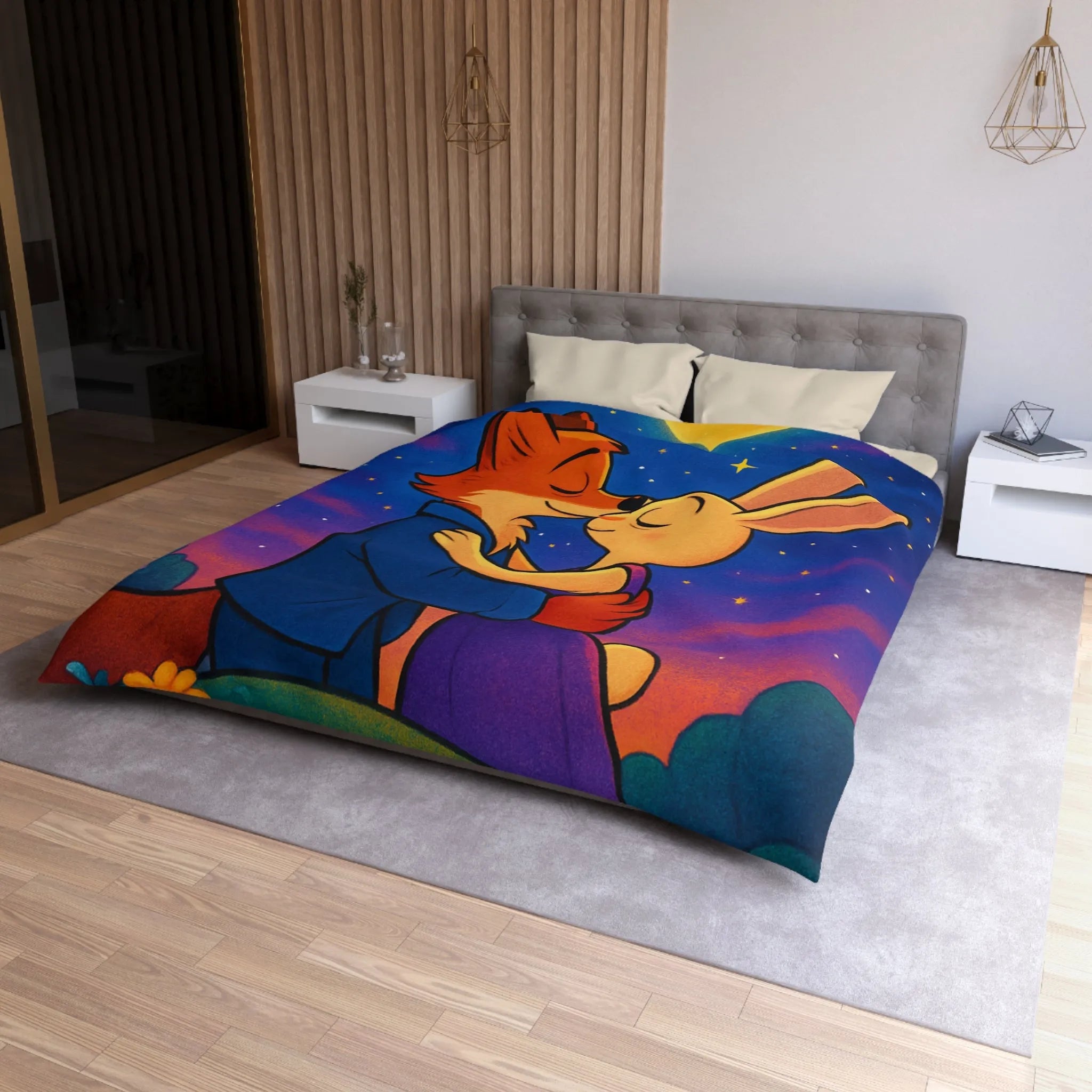 Housse de couette avec renard et lapin amoureux sous ciel étoilé romantique