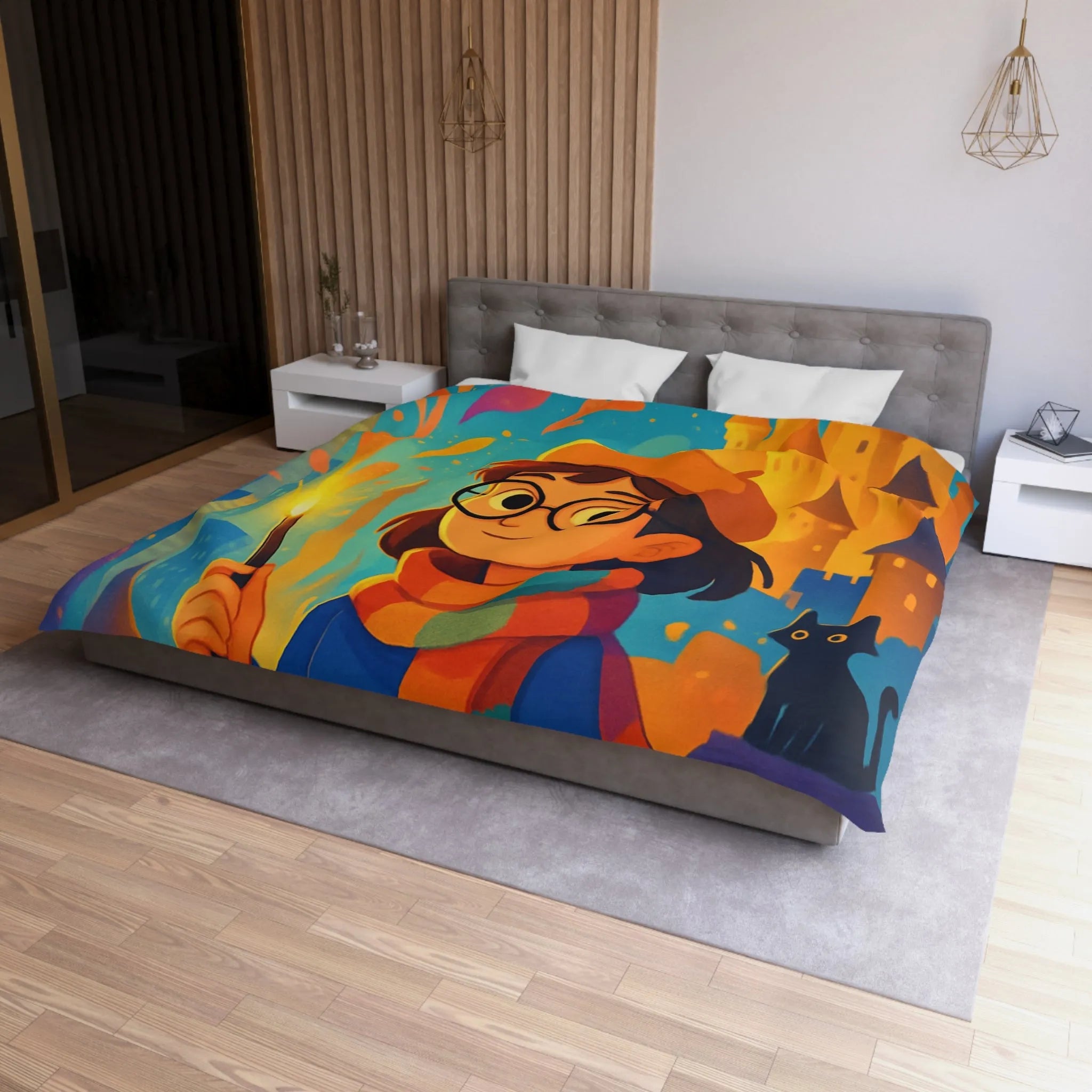 Housse de Couette Éclatante: Jeune Magicienne aux Couleurs Vives et Château Mystérieux