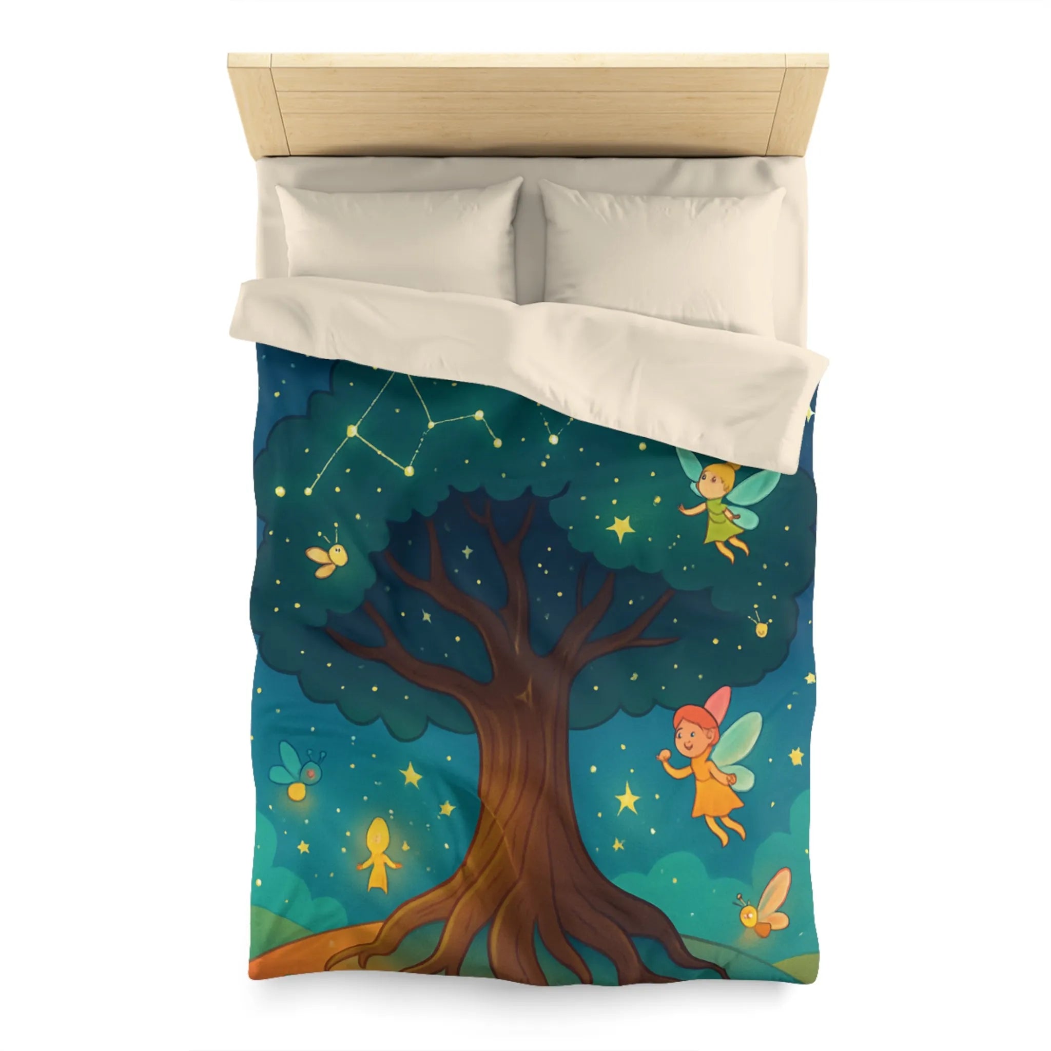 Housse de couette féérique avec arbre enchanté et fées sous les constellations étoilées