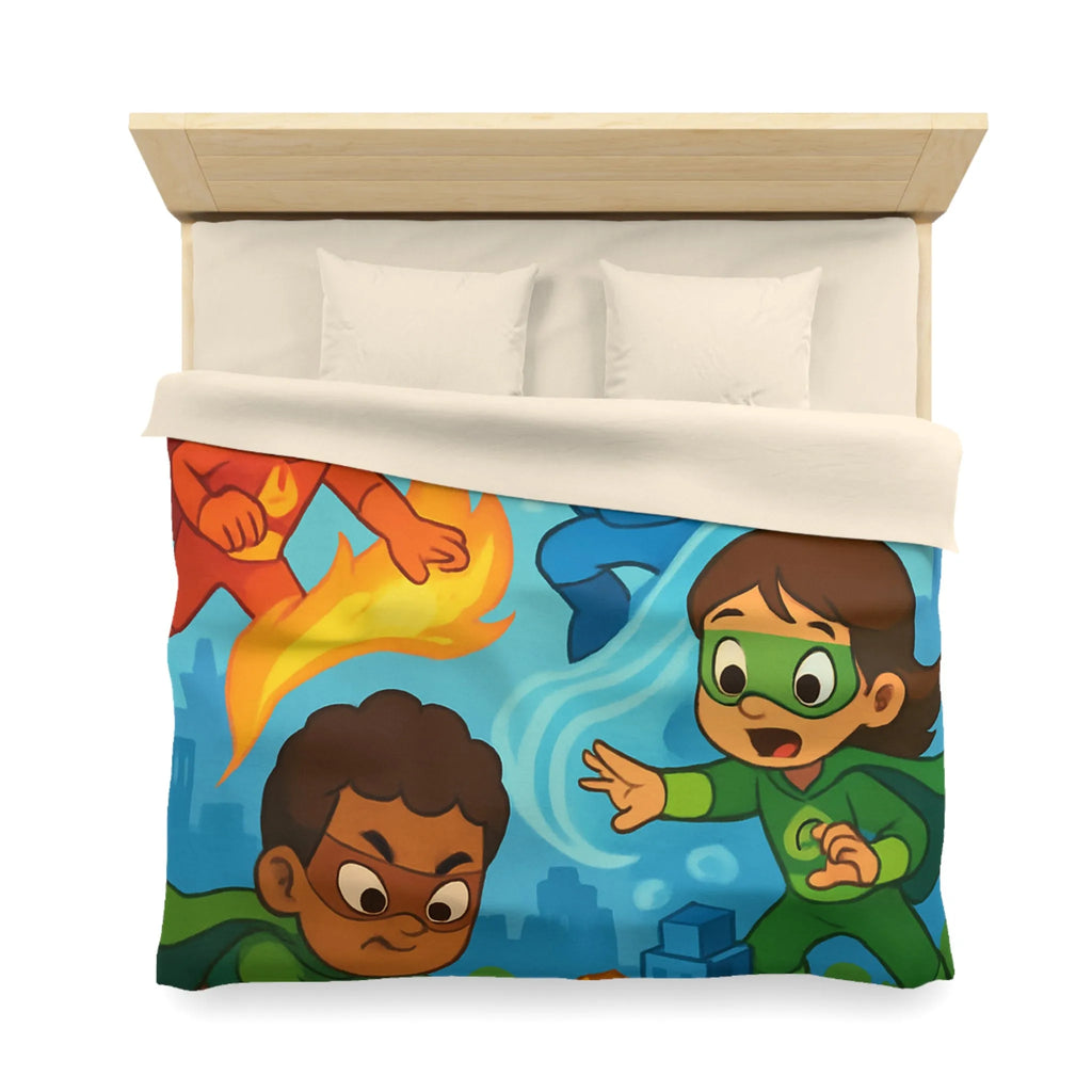 Housse de couette enfant avec super-héros colorés en action dans une ville imaginaire