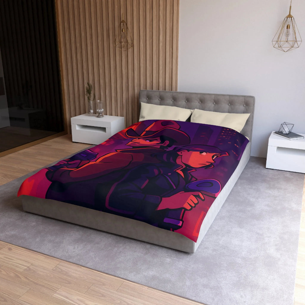 Housse de couette aventure urbaine avec duo de détectives dans néons lumineux