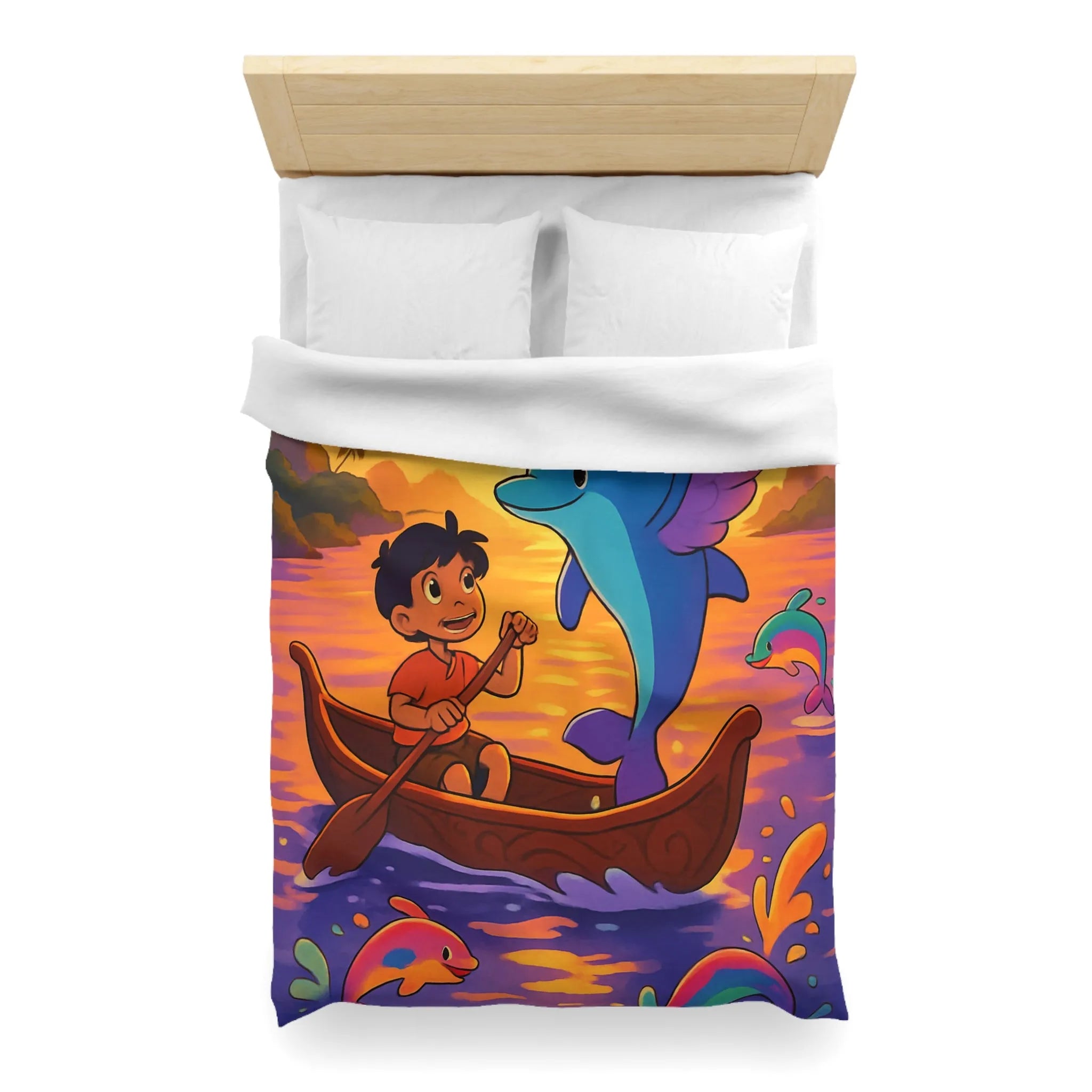 Housse de Couette Enfant : Dauphin Bleu, Aventure en Barque, Coucher de Soleil