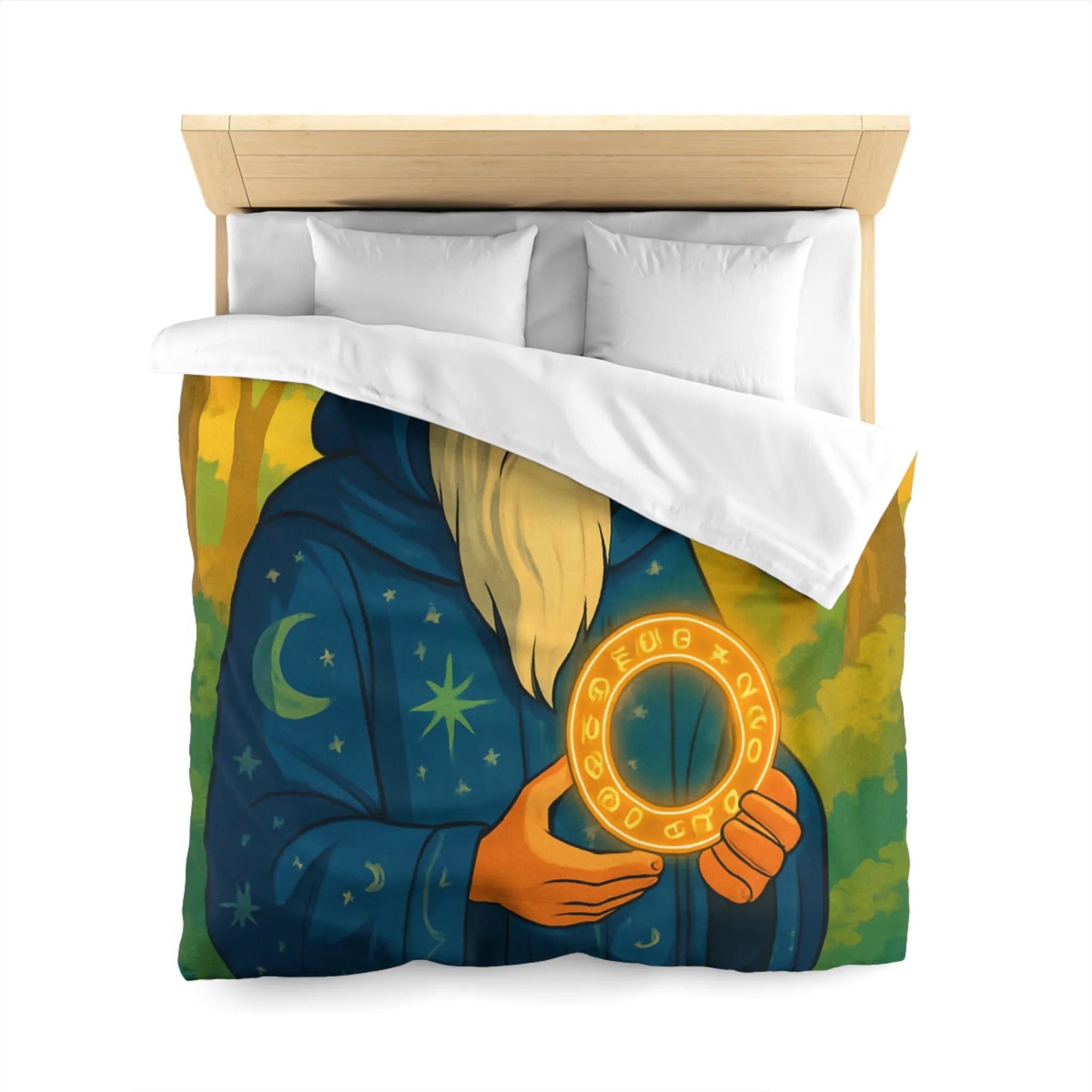 Housse de couette enchantée avec mage en forêt et cercle lumineux mystérieux