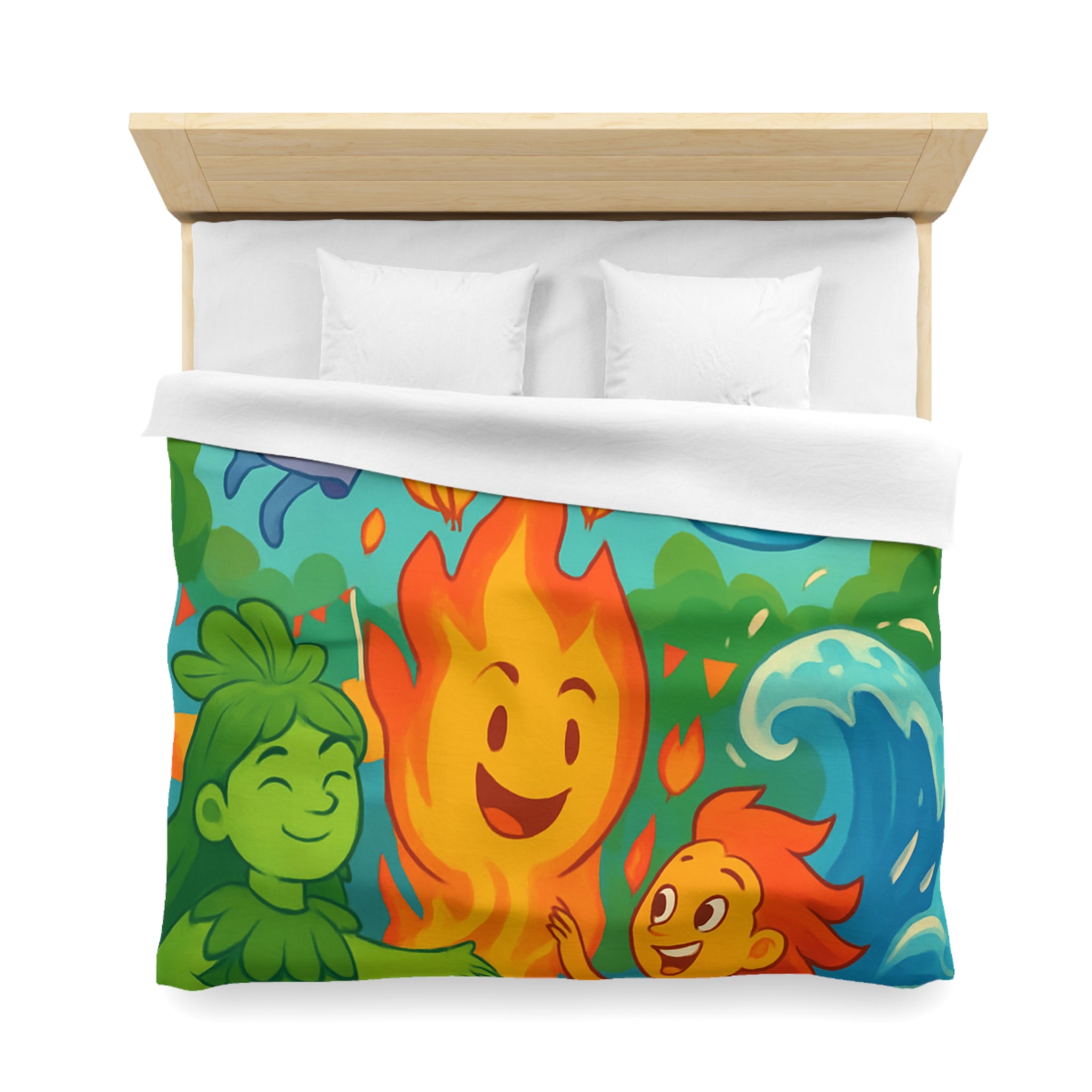 Housse de couette vibrante célébrant les quatre éléments dans un style ludique coloré