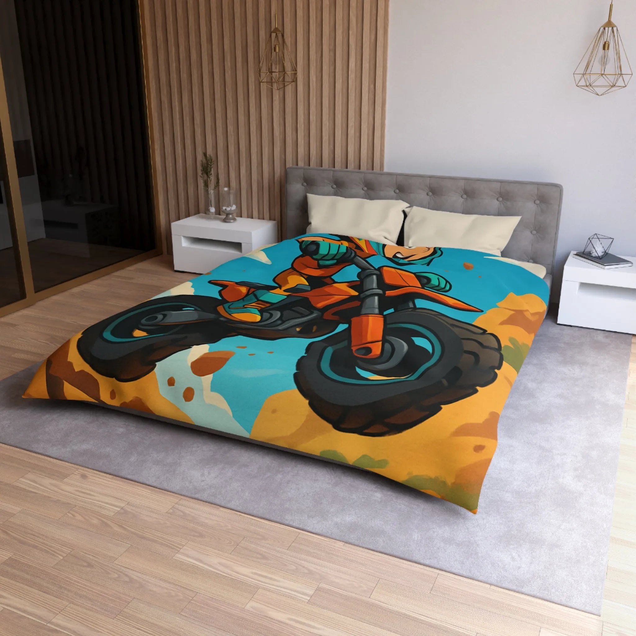 Housse de couette enfant motocross orange avec paysage montagneux et ciel bleu vif