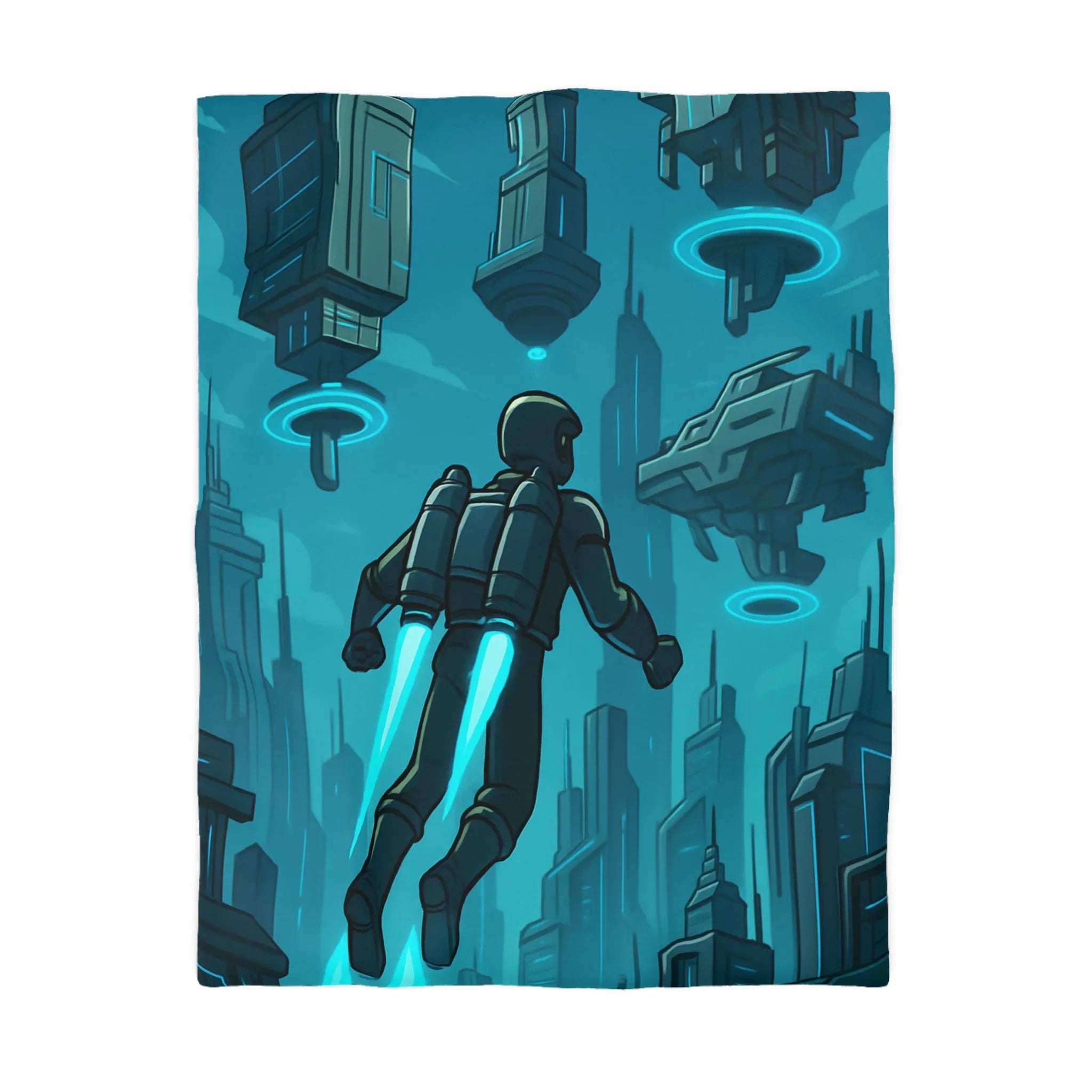 Housse de Couette Futuriste avec Ville Céleste et Homme en Jetpack Néon Bleu