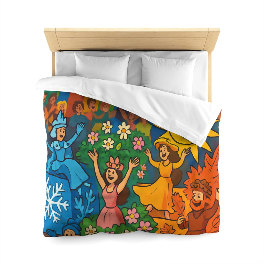 Housse de couette colorée illustrant les saisons pour chambre d'enfant joyeuse et ludique
