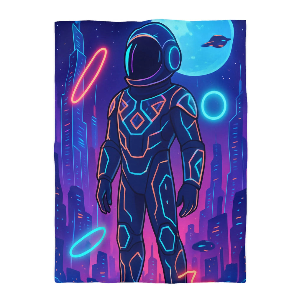 Housse de couette avec astronaute néon, skyline futuriste et vaisseaux spatiaux