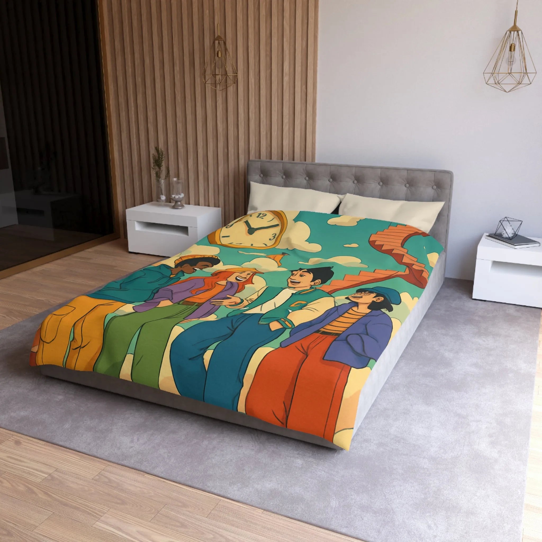 Housse de couette jeune amis rient sous escalier nuages horloge ciel bleu